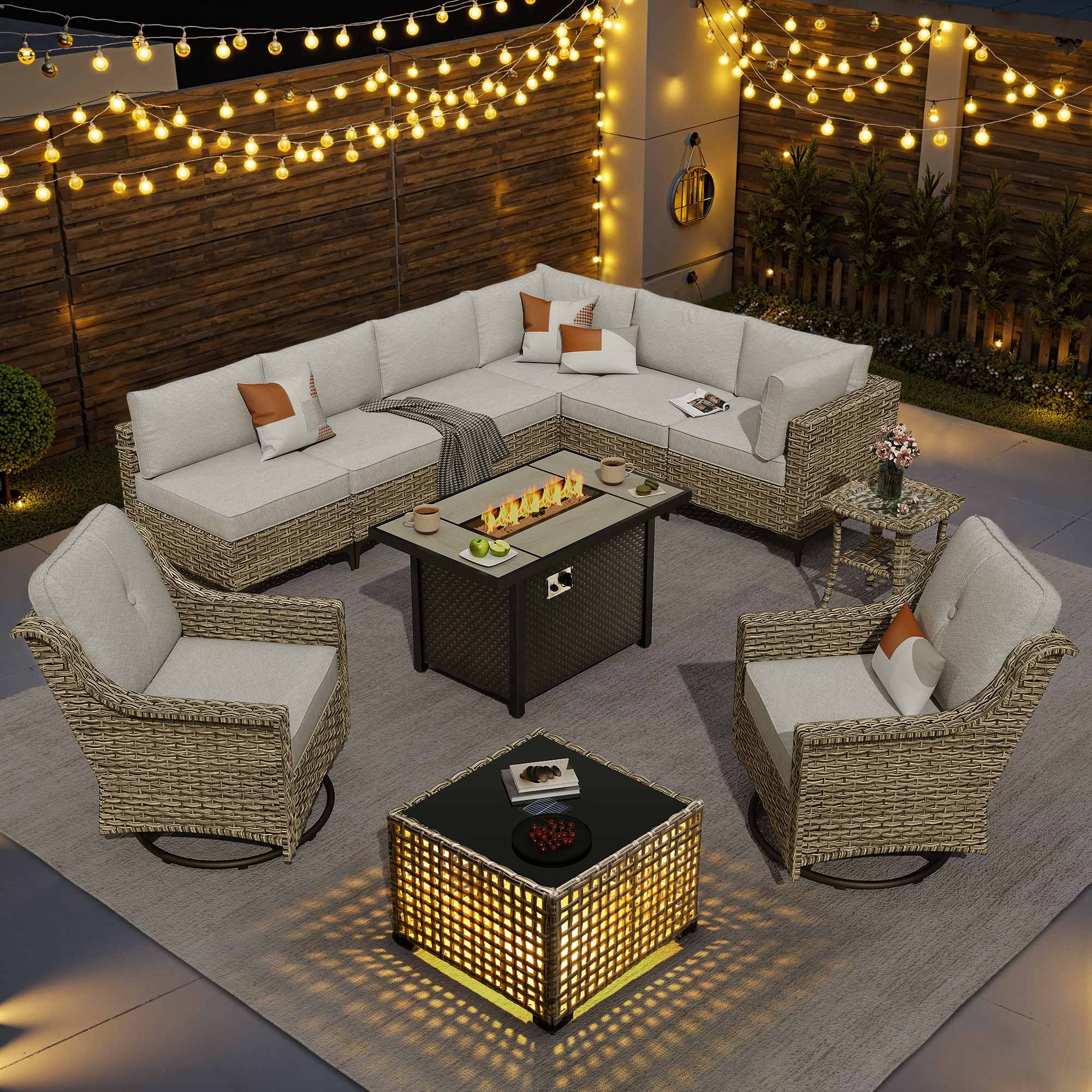 OVIOS Wicker Patio Sectional Conversation Set with Fire Pit Table & Swivel Chairs