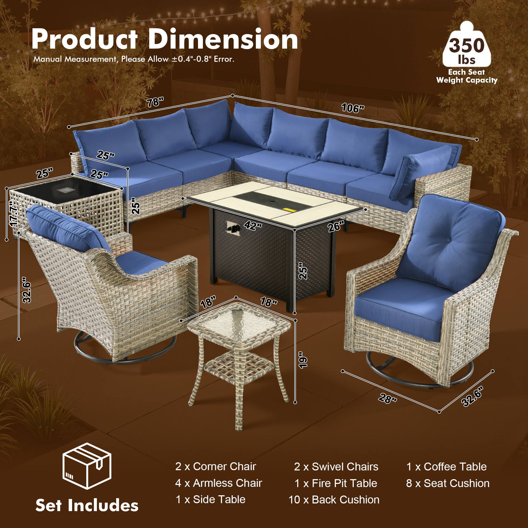 OVIOS Wicker Patio Sectional Conversation Set with Fire Pit Table & Swivel Chairs