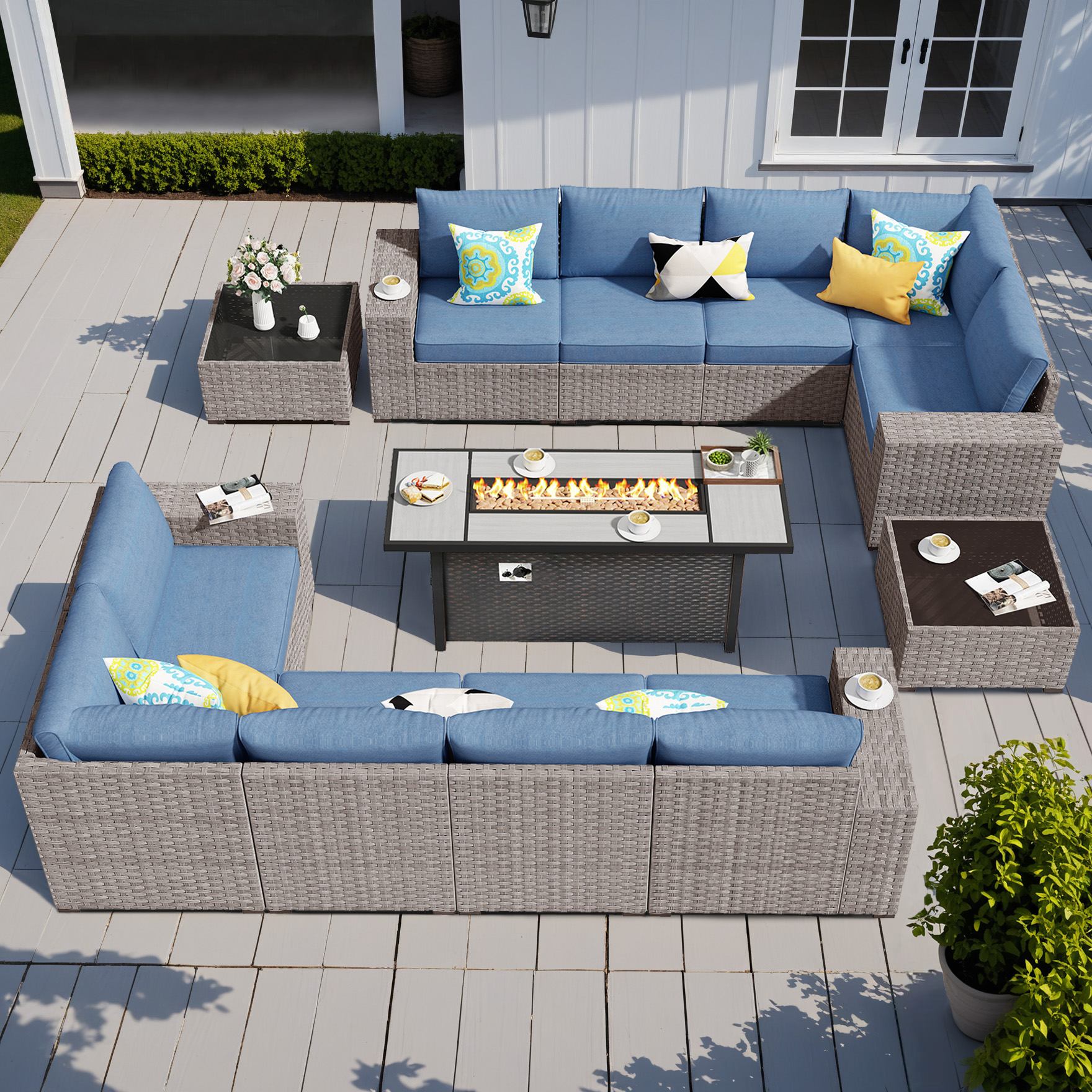 OVIOS Outdoor Patio Furniture Set with Fire Pit Table Wide Armrest Chairs and Rocking Chairs