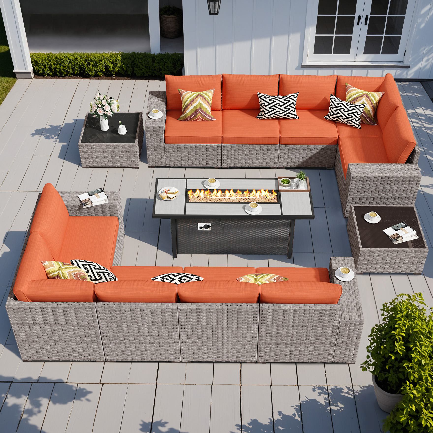 OVIOS Outdoor Patio Furniture Set with Fire Pit Table Wide Armrest Chairs and Rocking Chairs