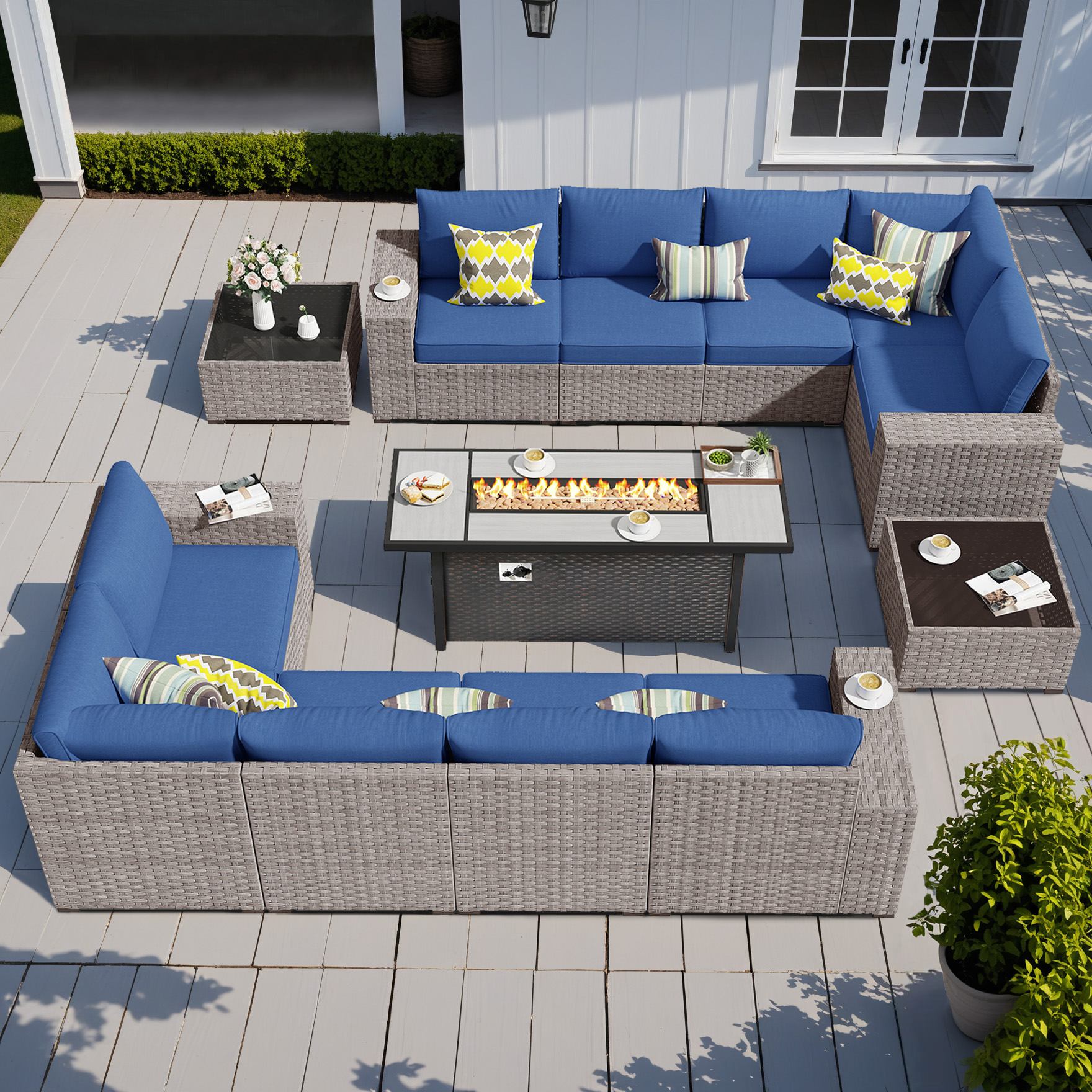 OVIOS Outdoor Patio Furniture Set with Fire Pit Table Wide Armrest Chairs and Rocking Chairs