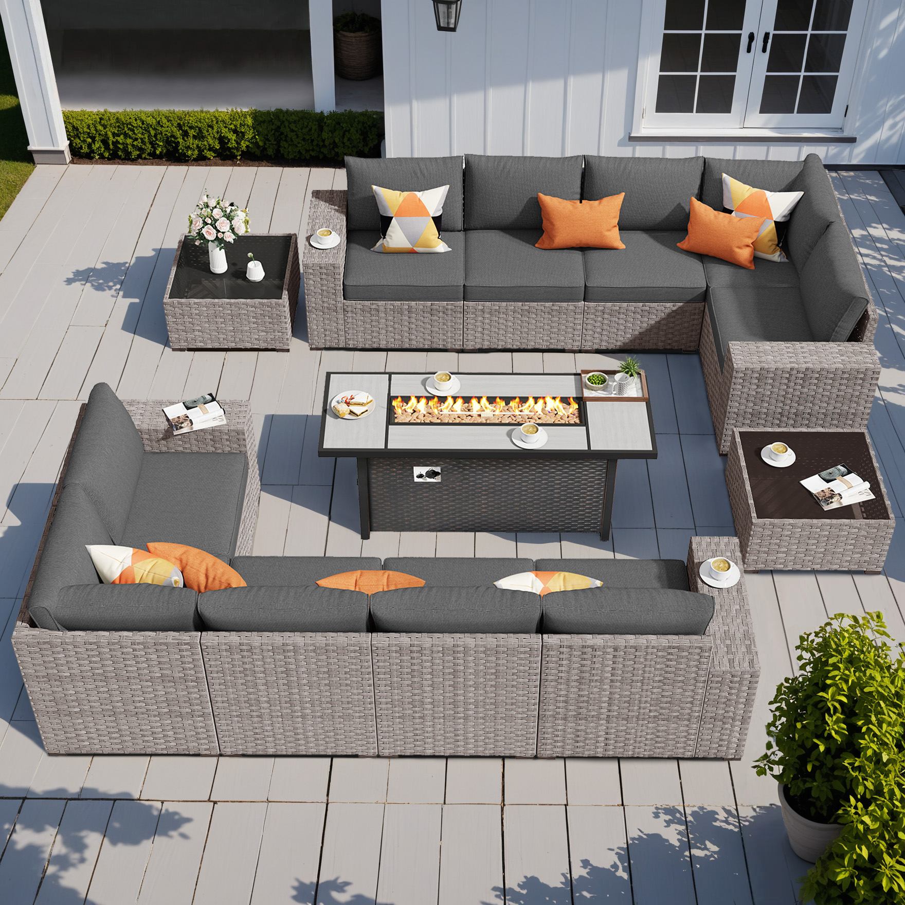 OVIOS Outdoor Patio Furniture Set with Fire Pit Table Wide Armrest Chairs and Rocking Chairs