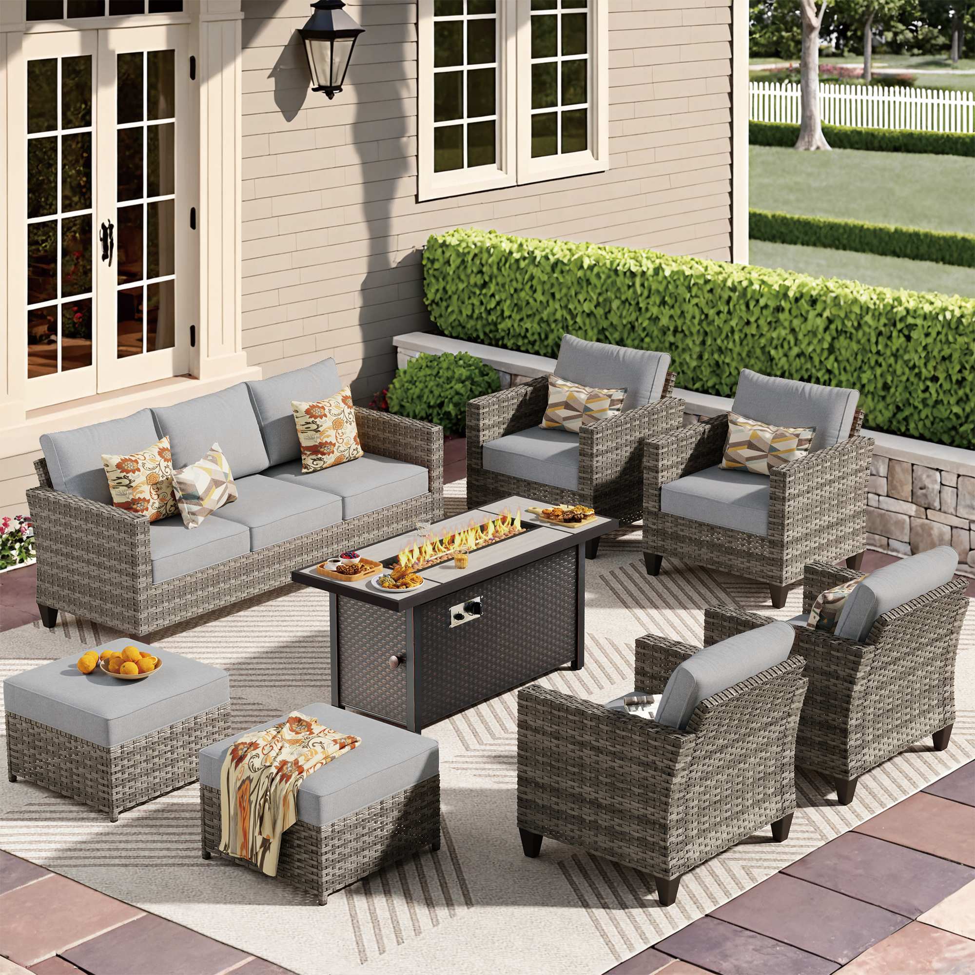 Dark Grey |OVIOS modern grey wicker outdoor patio conversation set with fire pit table