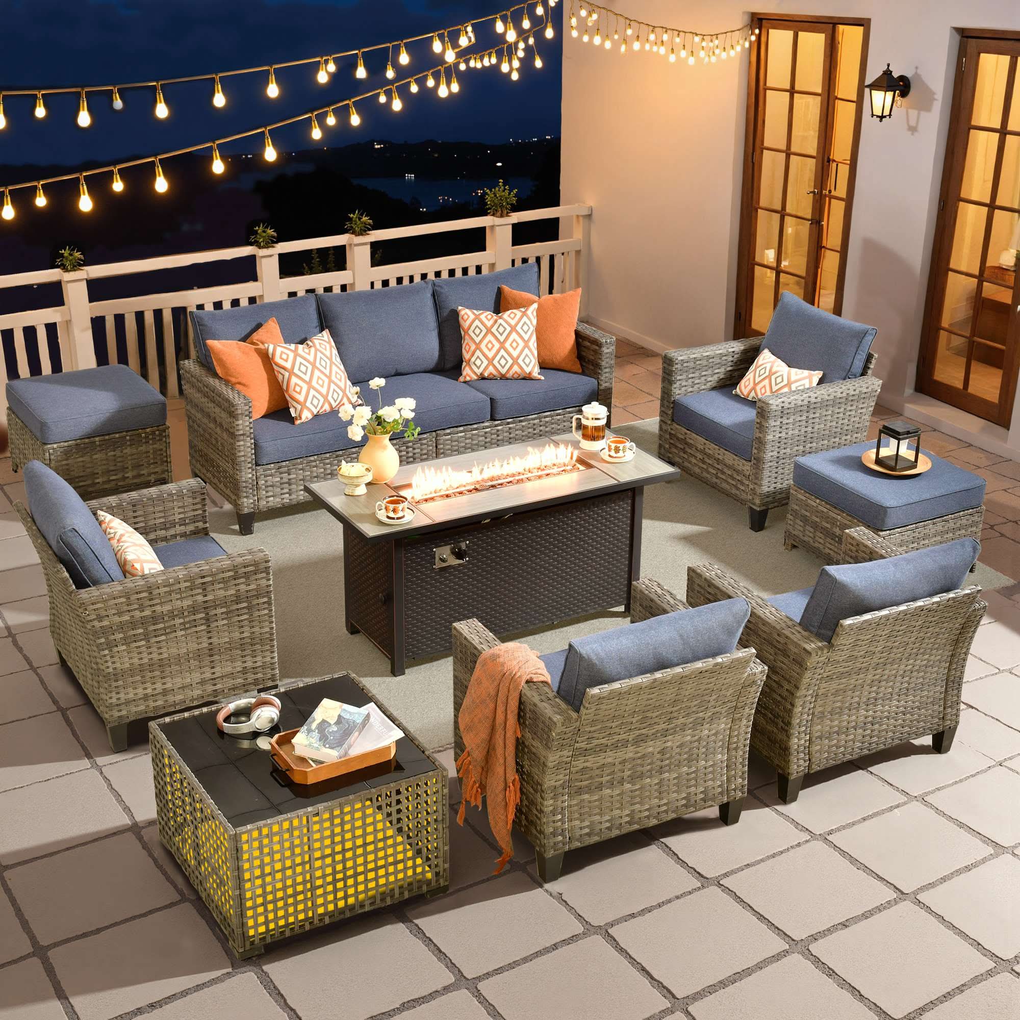 Denim Blue Single Chairs & 54‘’ Fire Pit|OVIOS modern wicker patio conversation set with fire pit table & sofa seating.