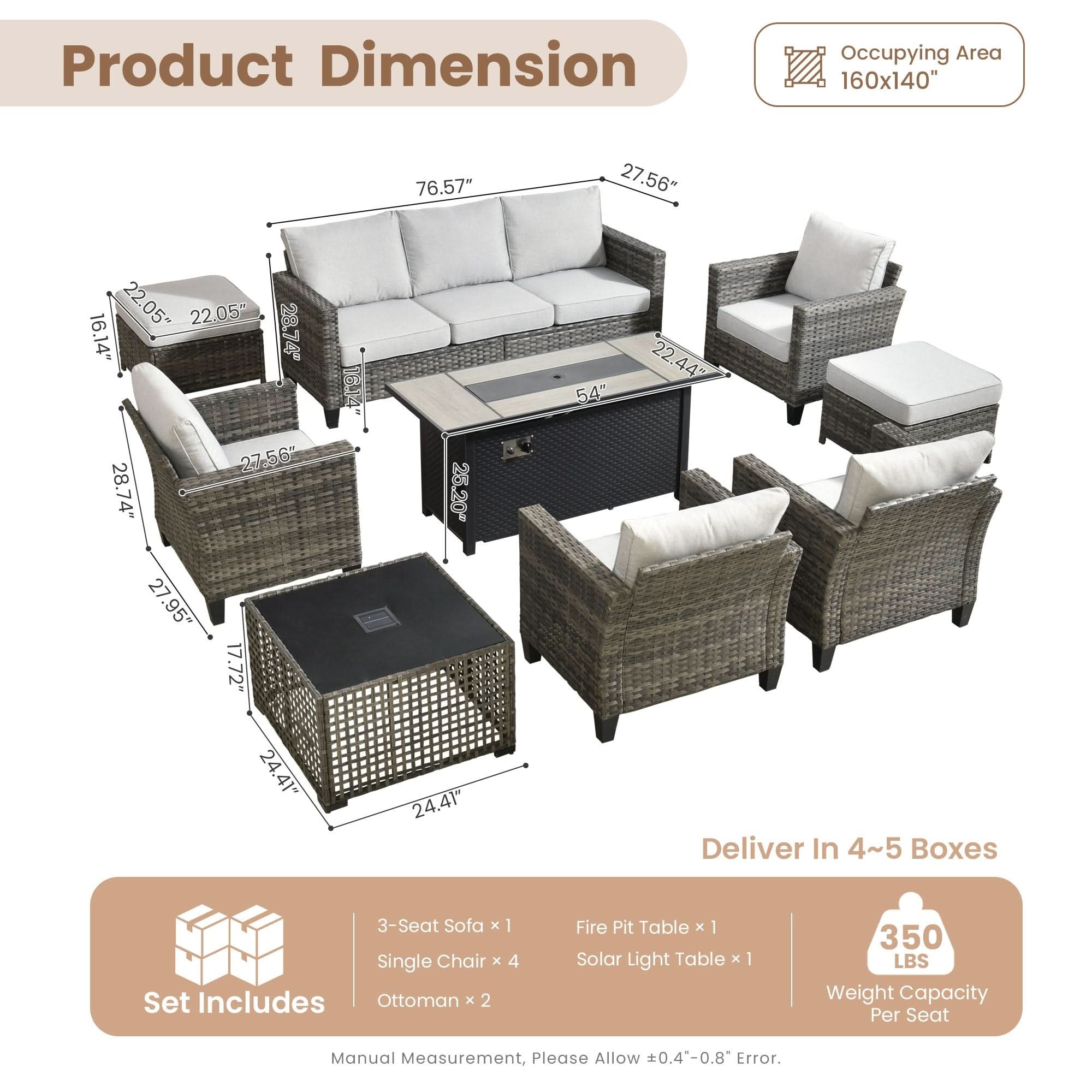 Light Grey |Product dimension diagram for OVIOS 6-piece wicker patio set with fire pit table.