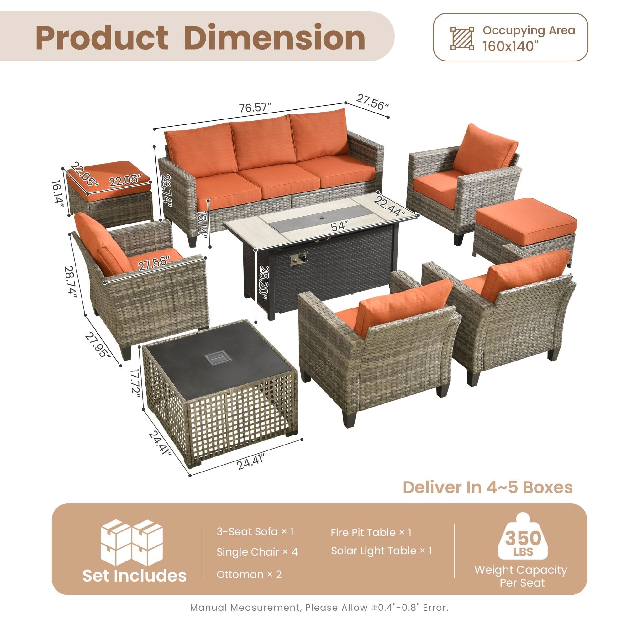 Orange|OVIOS wicker outdoor patio conversation set with fire pit table: dimension guide.