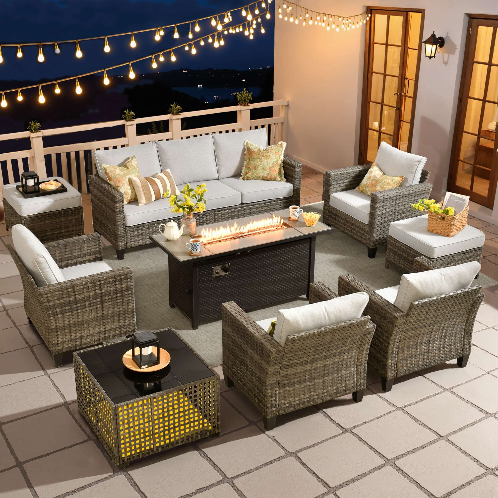 Beige|OVIOS outdoor wicker patio set with fire pit table, sofa, and solar accent table.