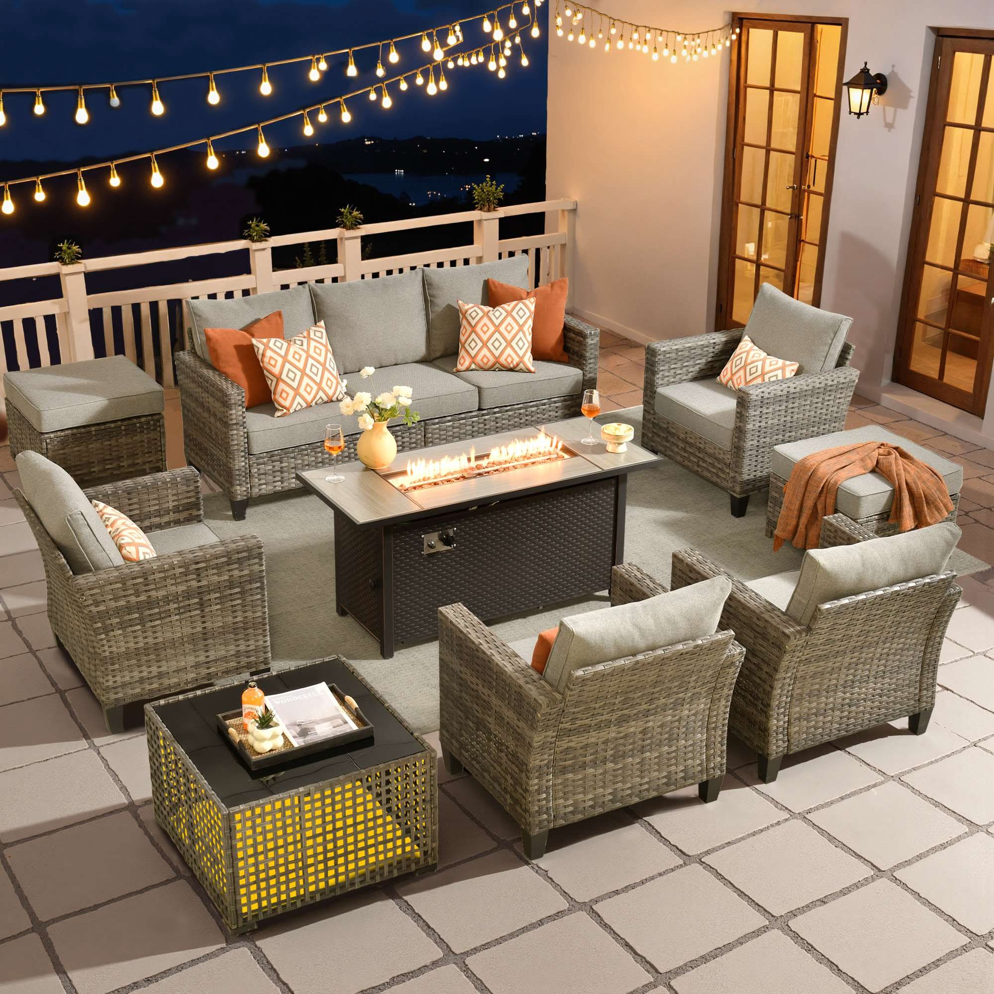 Dark Grey|OVIOS modern gray wicker outdoor patio conversation set with fire pit table, sofa, chairs.