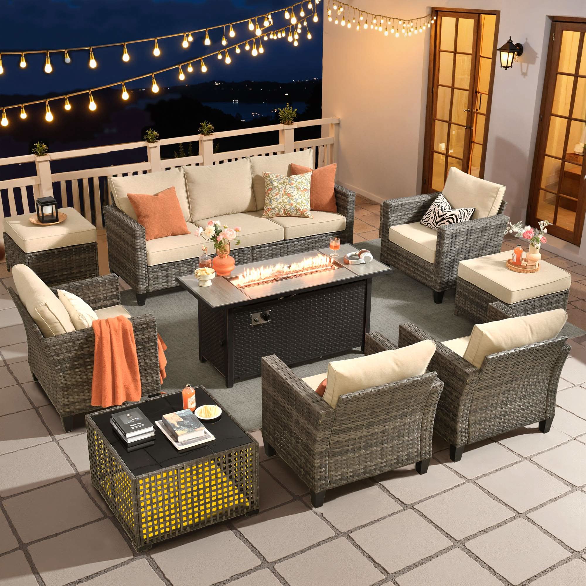 Beige| OVIOS 6-piece outdoor wicker patio conversation set with lit fire pit table