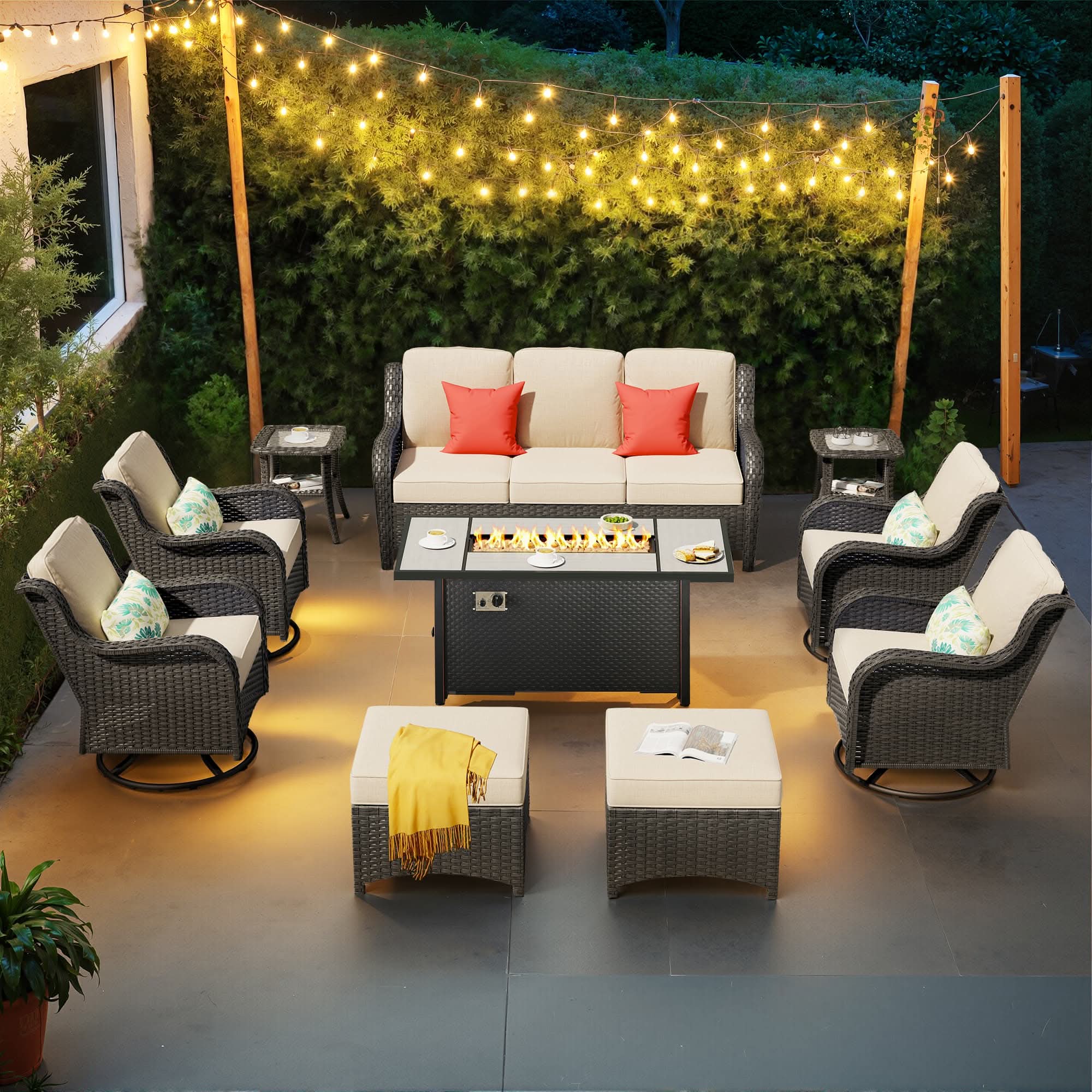 OVIOS 10-Piece Outdoor Wicker Patio Set with Fire Pit Table