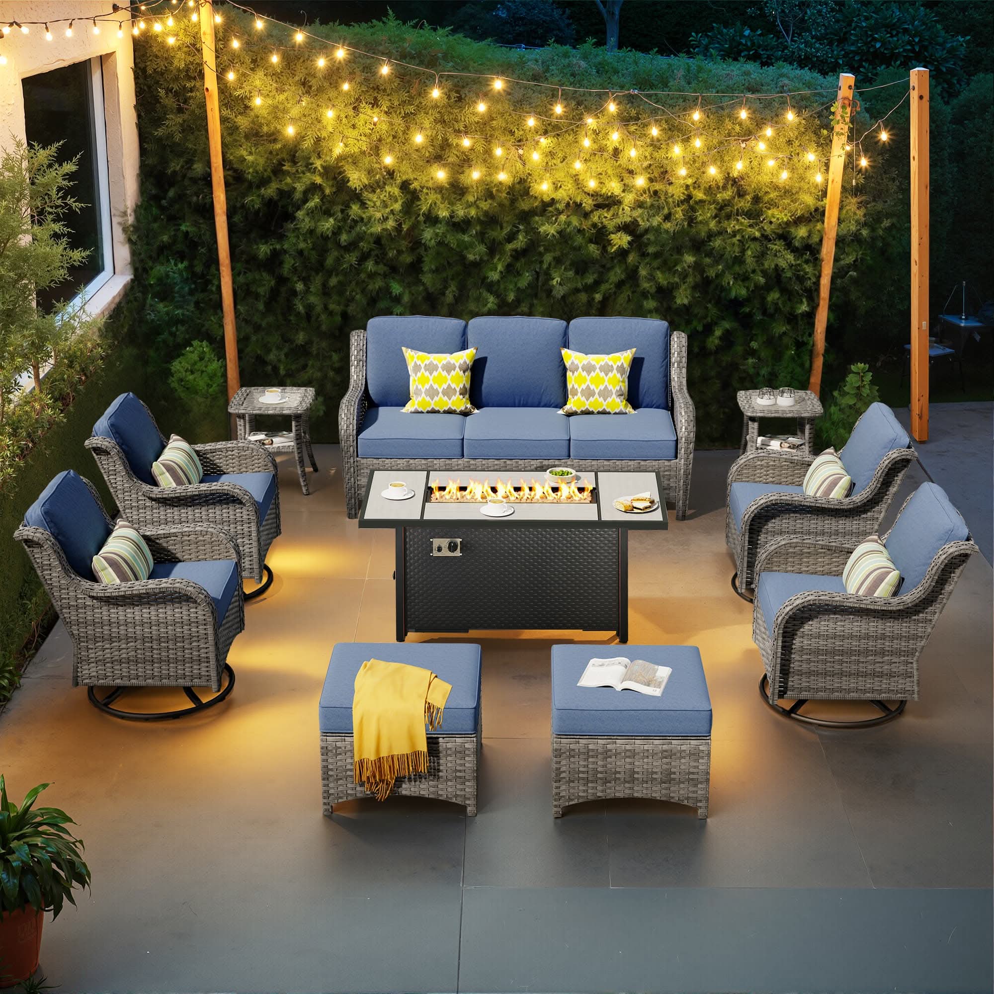 OVIOS 10-Piece Outdoor Wicker Patio Set with Fire Pit Table