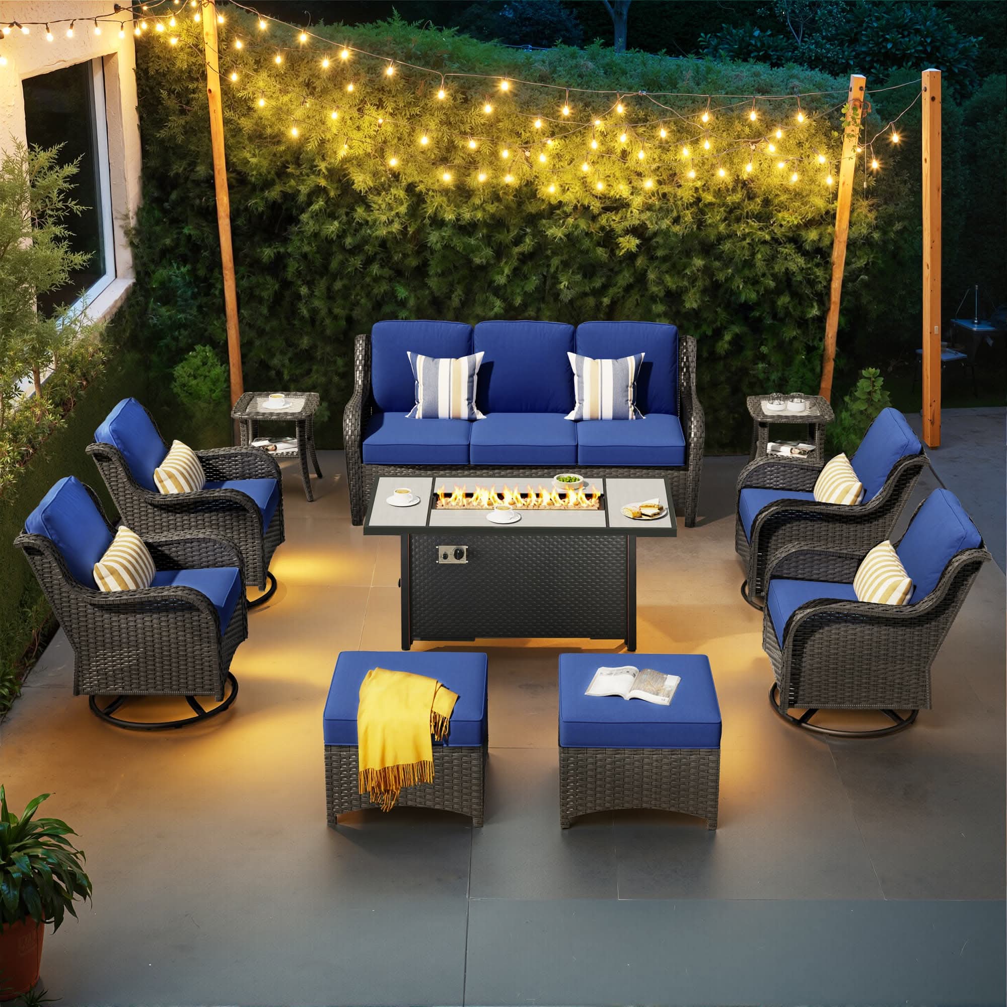 OVIOS 10-Piece Outdoor Wicker Patio Set with Fire Pit Table