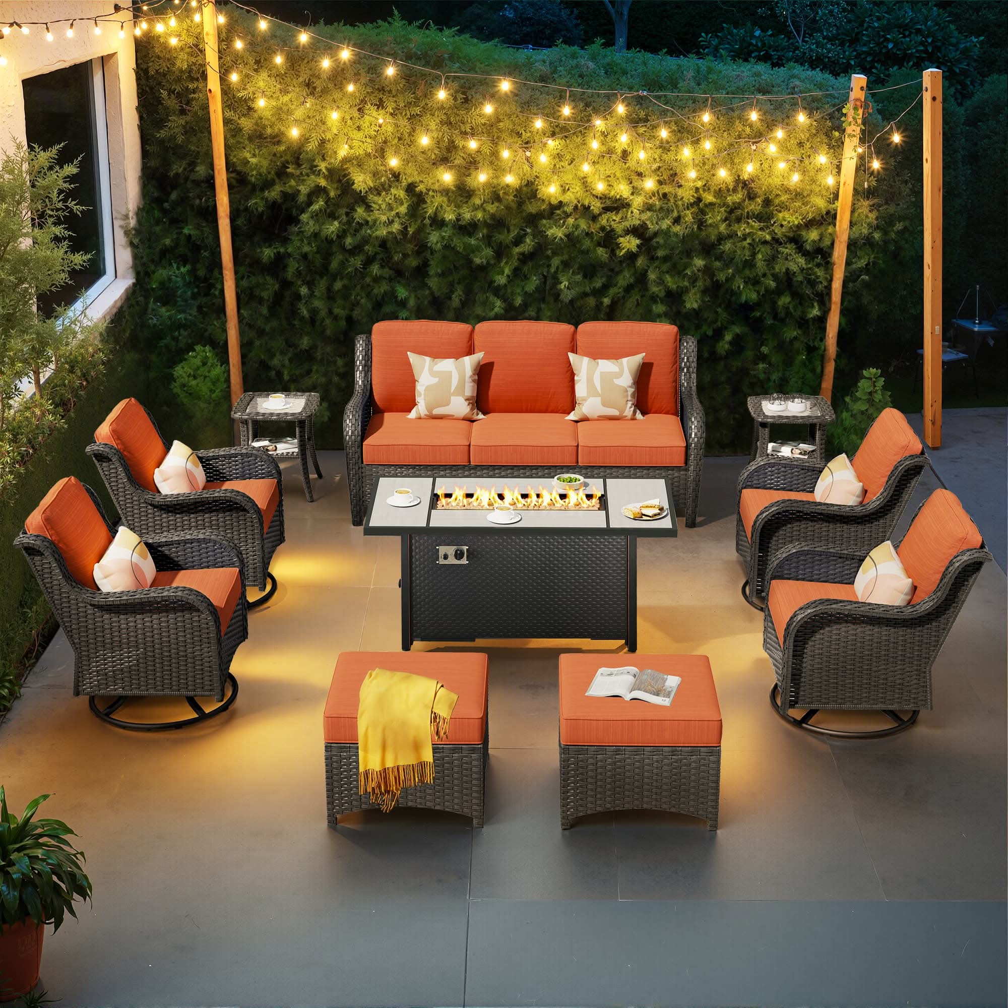 OVIOS 10-Piece Outdoor Wicker Patio Set with Fire Pit Table