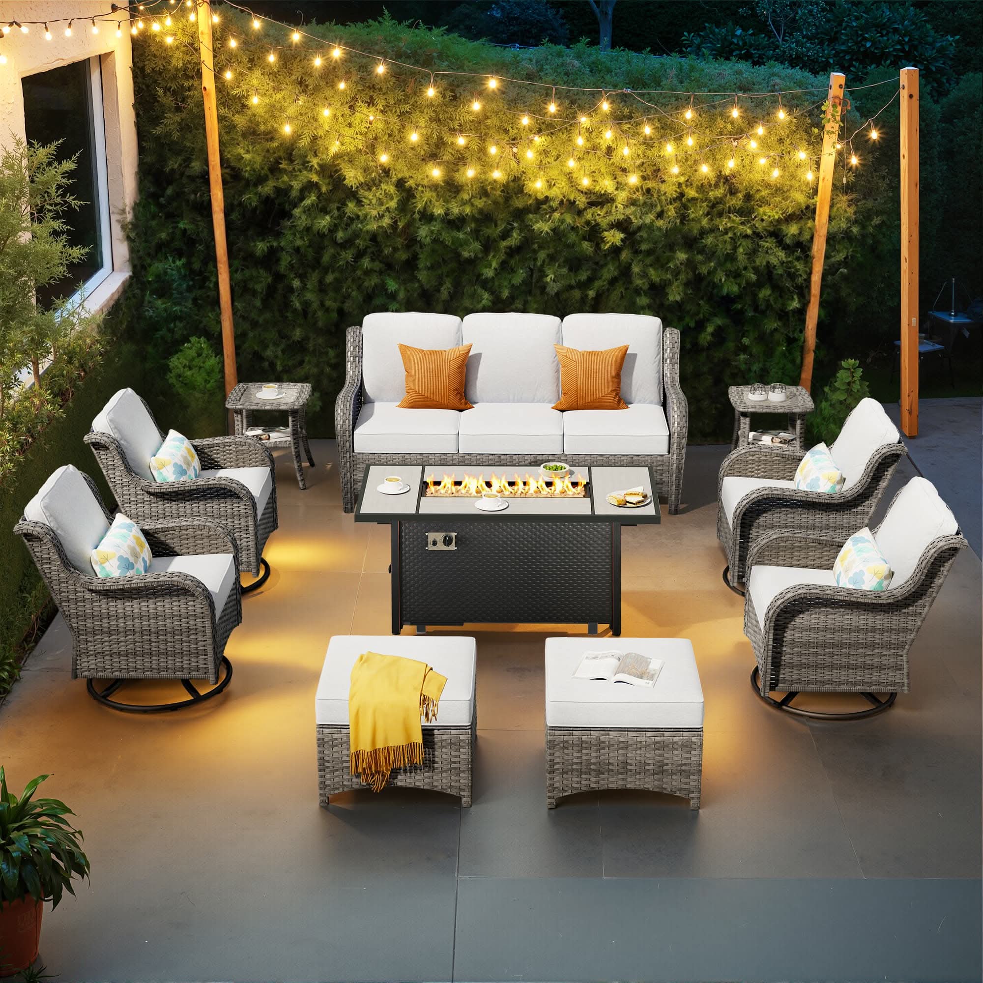 OVIOS 10-Piece Outdoor Wicker Patio Set with Fire Pit Table