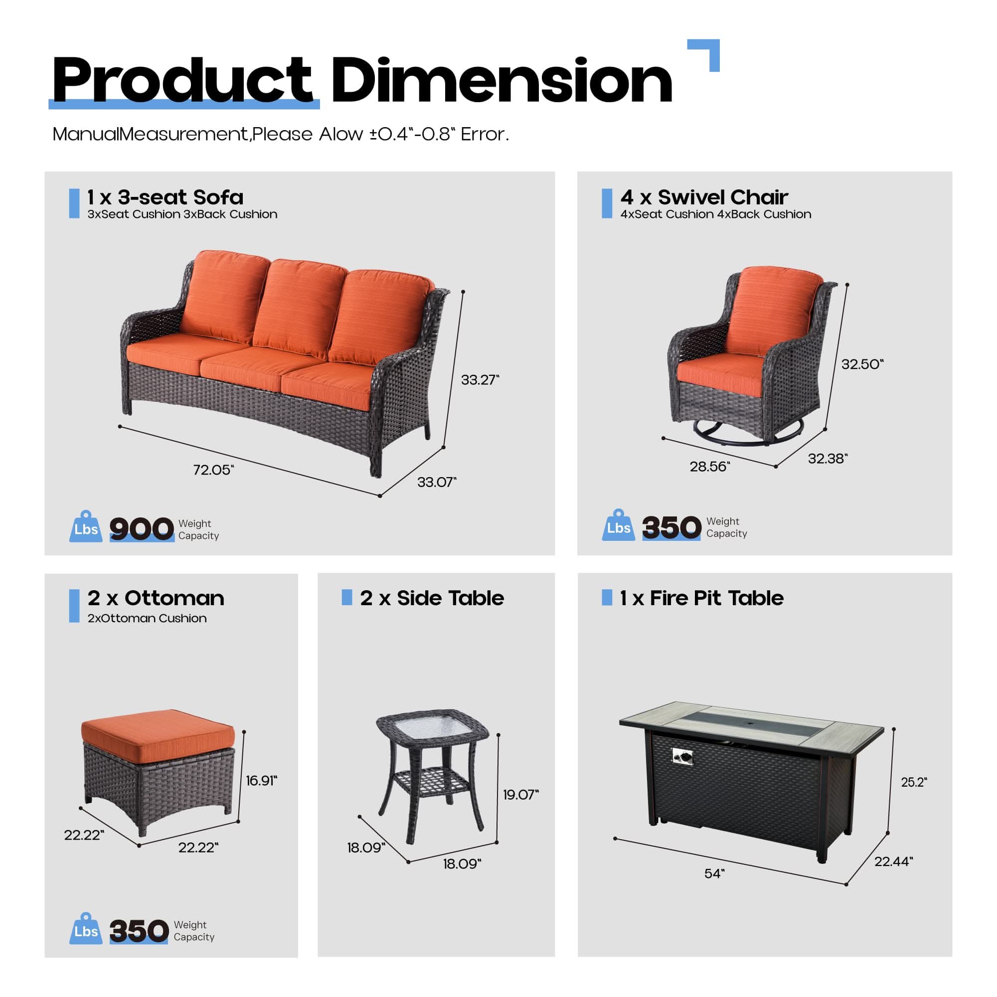 OVIOS 10-Piece Outdoor Wicker Patio Set with Fire Pit Table