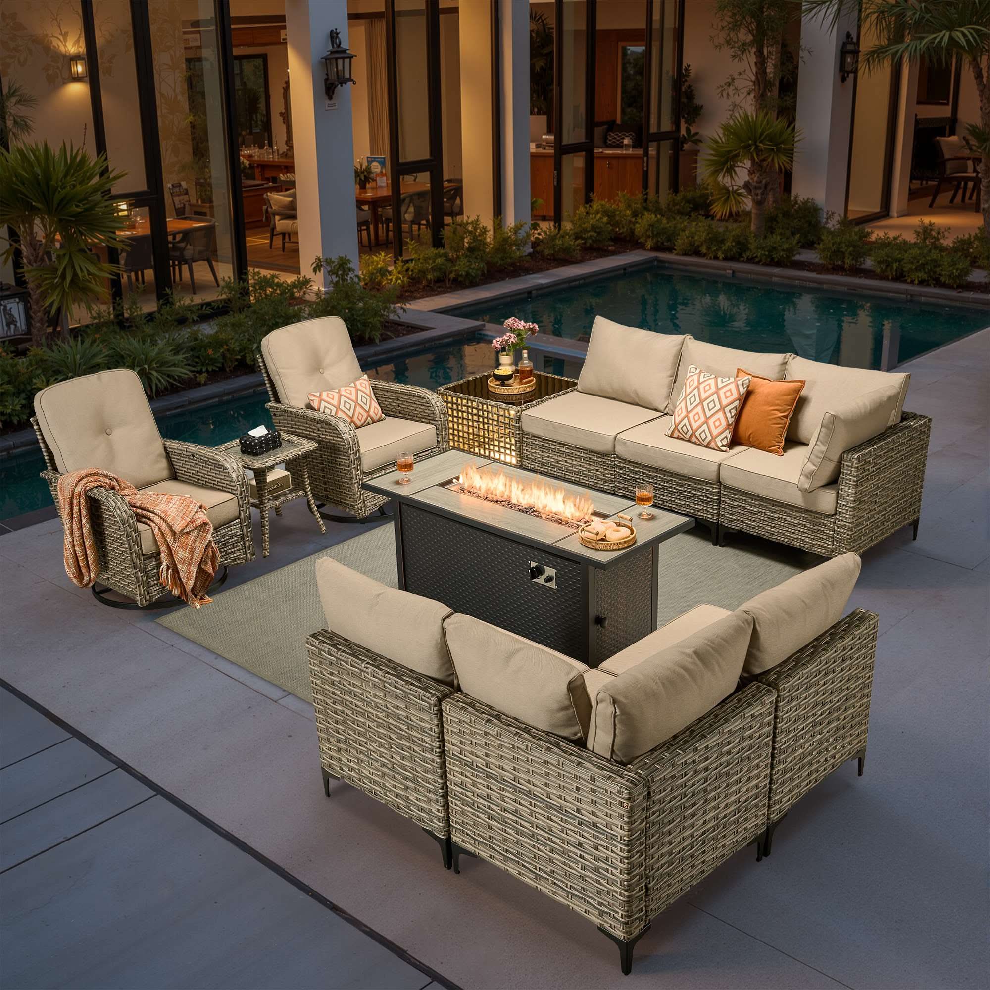 OVIOS Wicker Patio Conversation Set with Fire Pit Table for Backyard & Deck