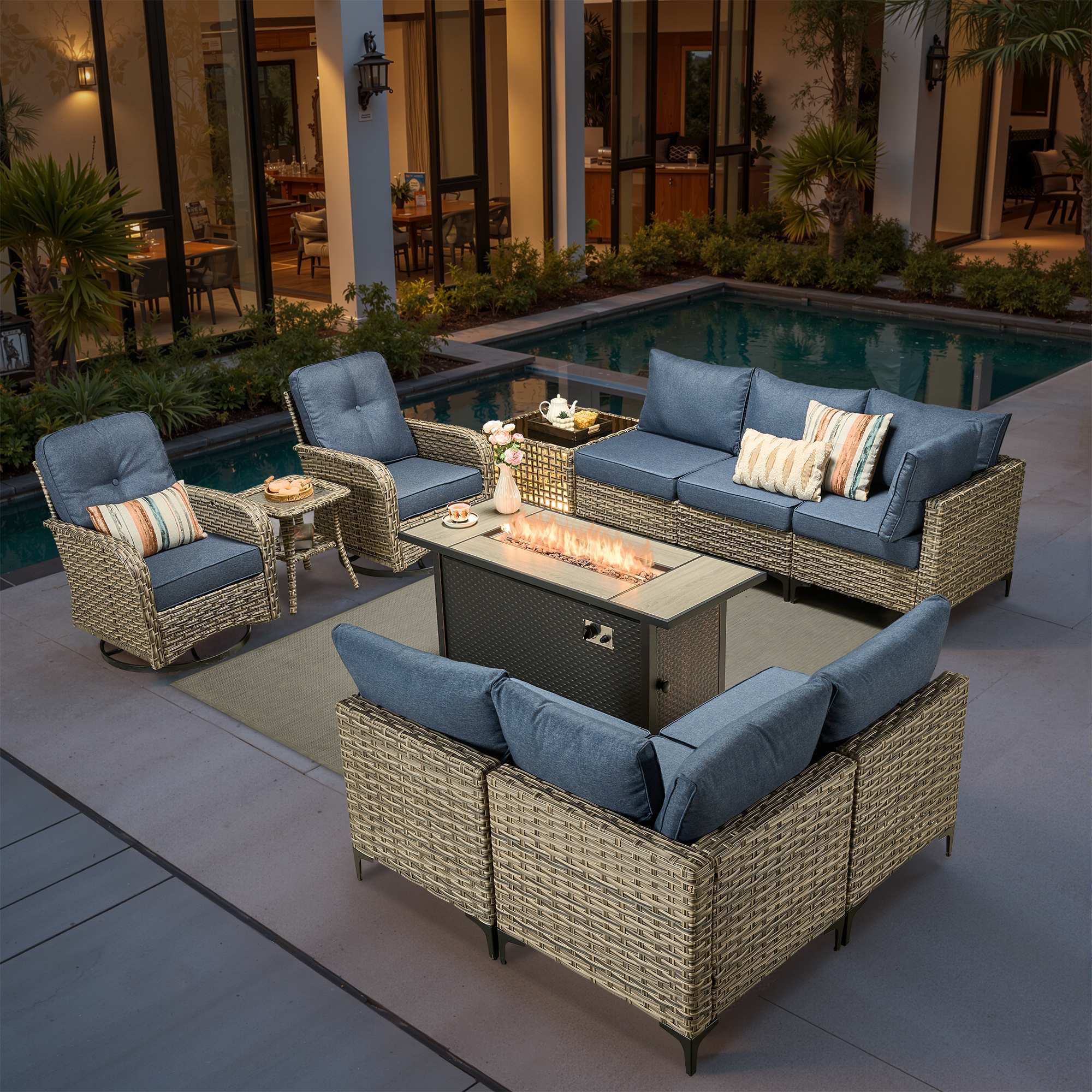 OVIOS Wicker Patio Conversation Set with Fire Pit Table for Backyard & Deck