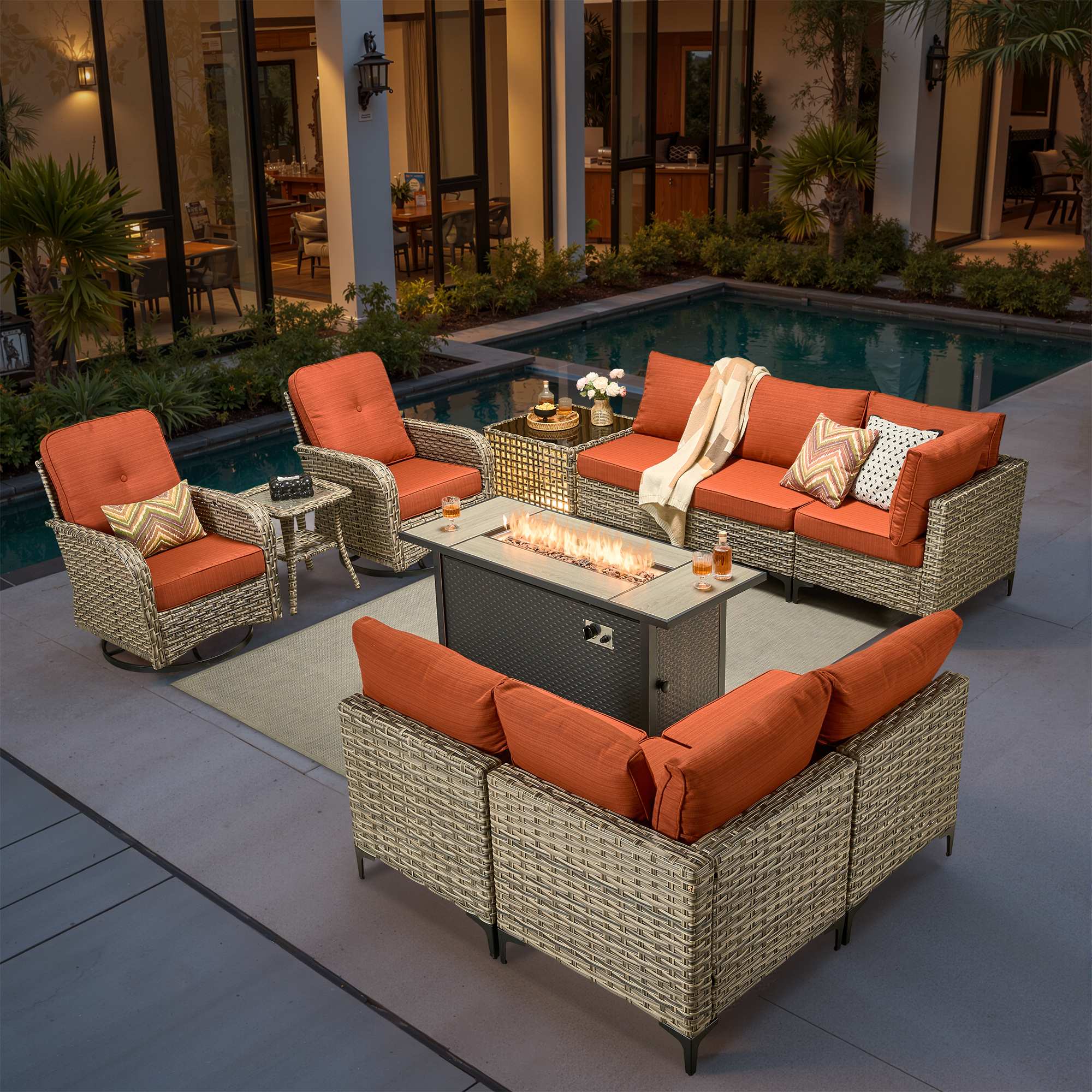 OVIOS Wicker Patio Conversation Set with Fire Pit Table for Backyard & Deck