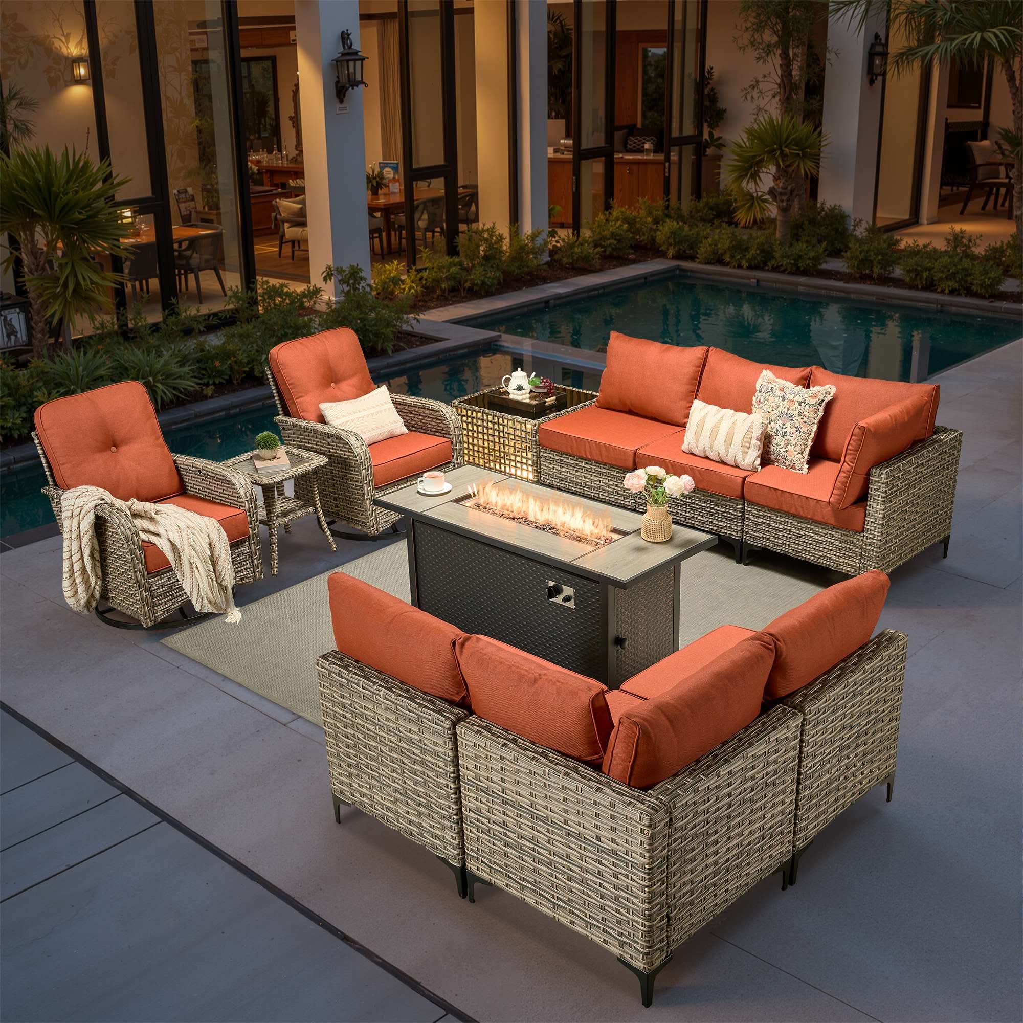 OVIOS Wicker Patio Conversation Set with Fire Pit Table for Backyard & Deck