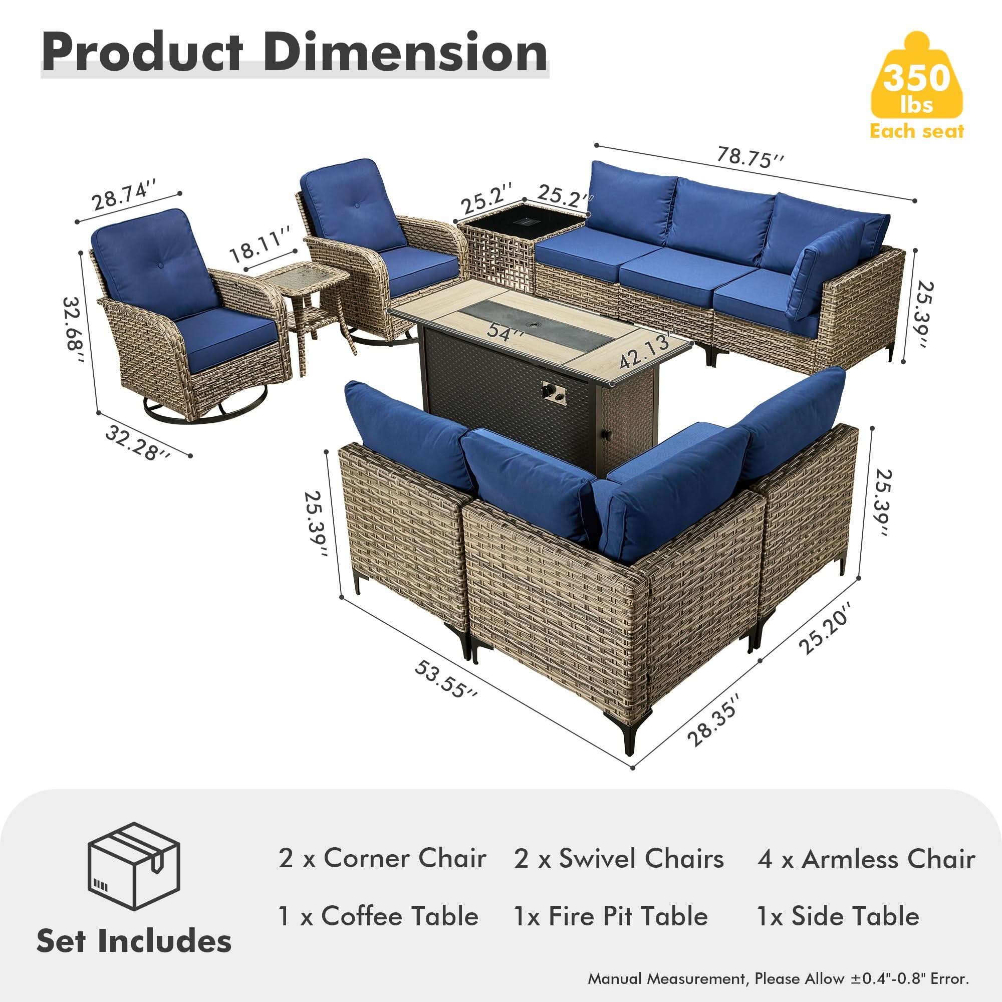 OVIOS Wicker Patio Conversation Set with Fire Pit Table for Backyard & Deck