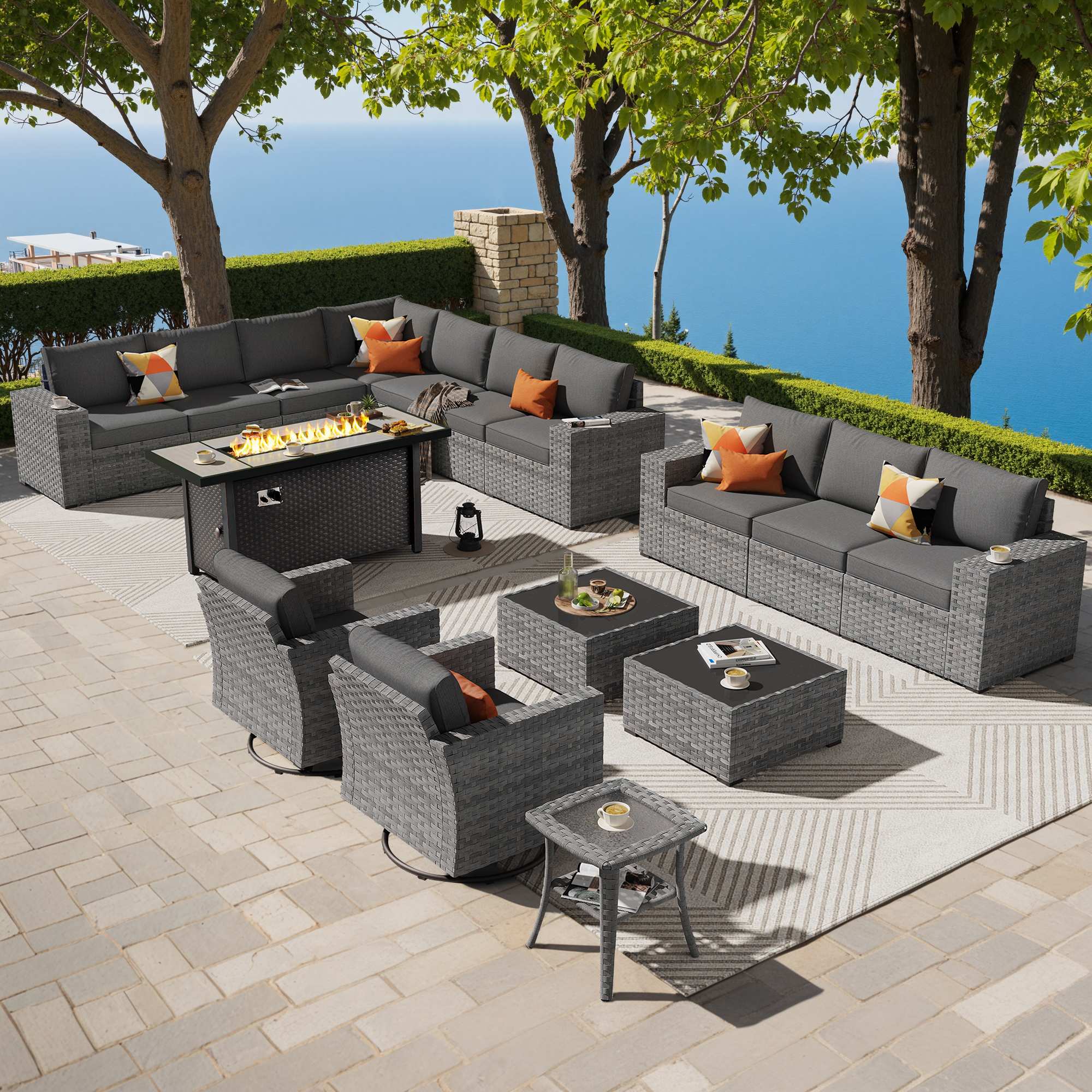 OVIOS Outdoor Patio Furniture Set with Fire Pit Table Wide Armrest Chairs and Rocking Chairs