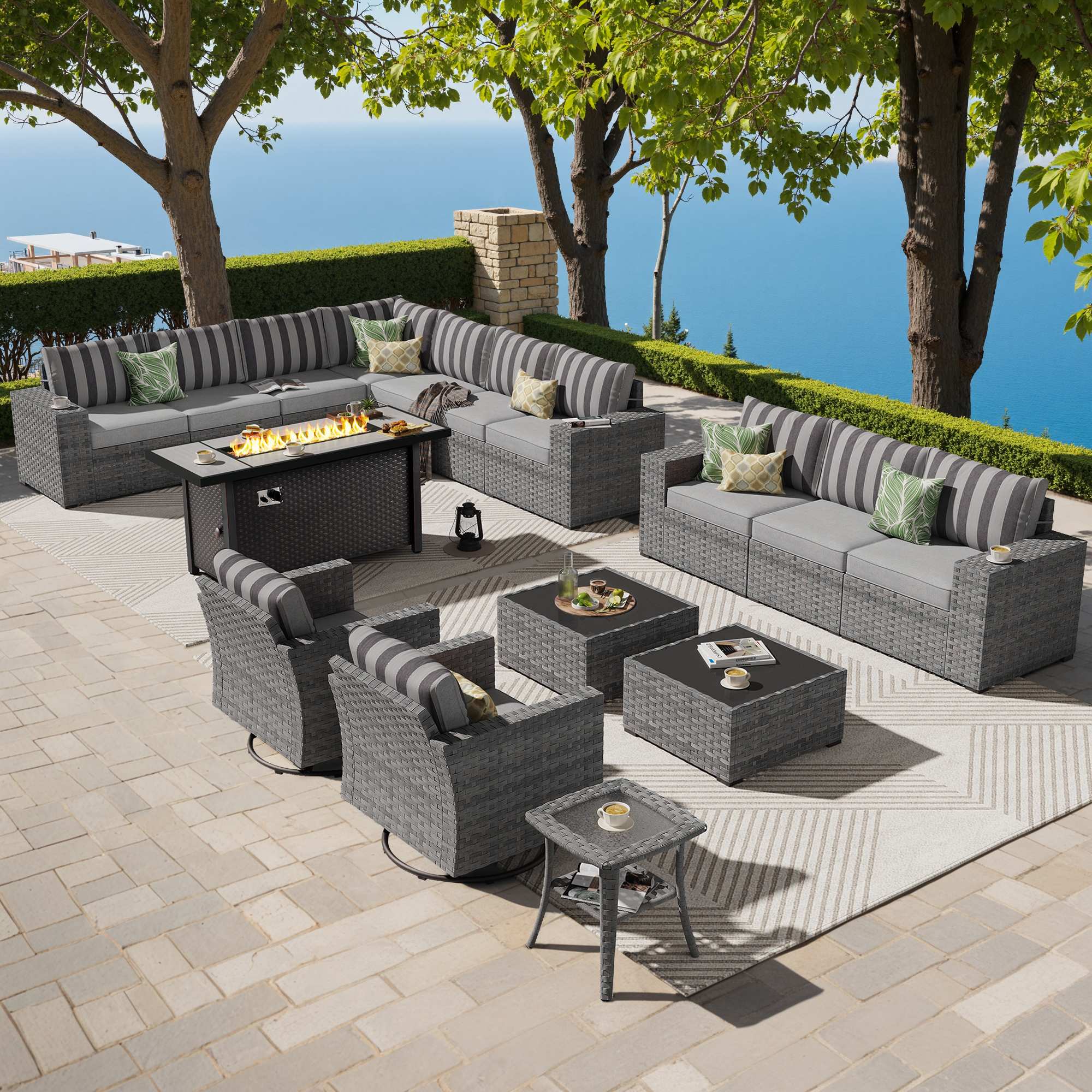 OVIOS Outdoor Patio Furniture Set with Fire Pit Table Wide Armrest Chairs and Rocking Chairs