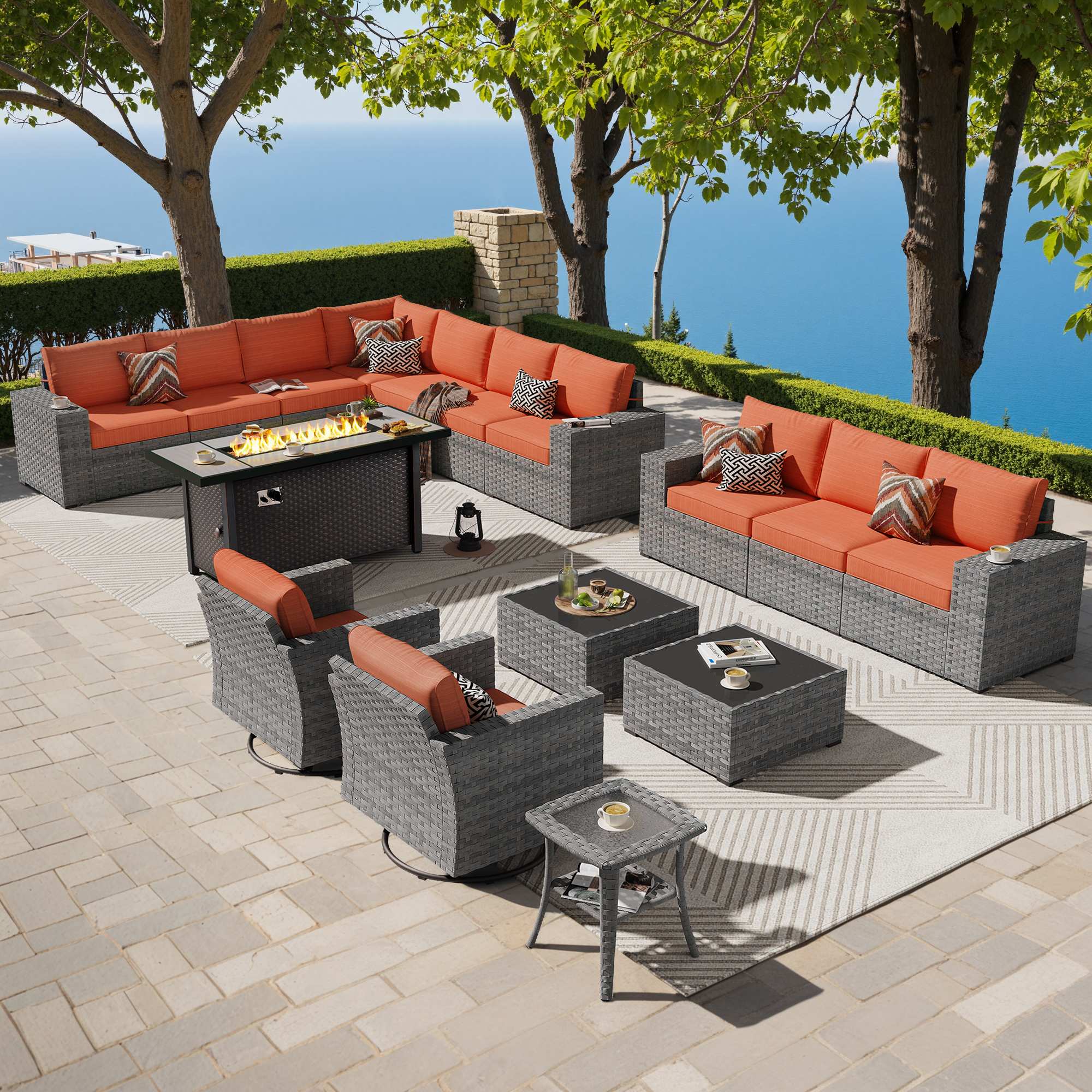 OVIOS Outdoor Patio Furniture Set with Fire Pit Table Wide Armrest Chairs and Rocking Chairs