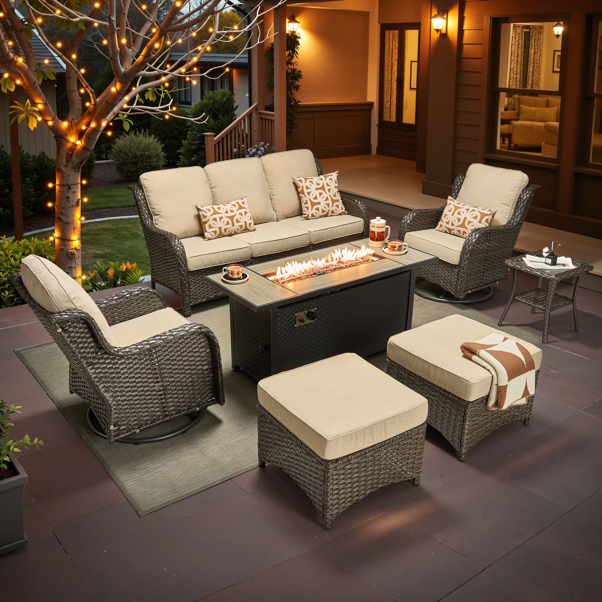 OVIOS Outdoor Wicker Patio Furniture Set with Fire Pit Table
