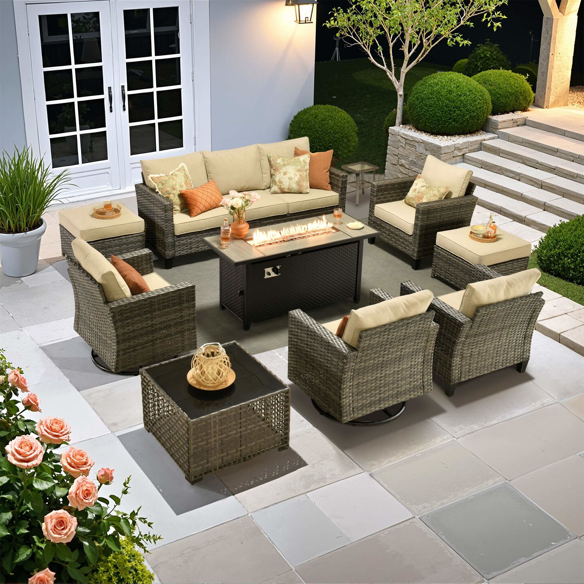 Beige | OVIOS 6-piece grey wicker patio conversation set with lit fire pit table