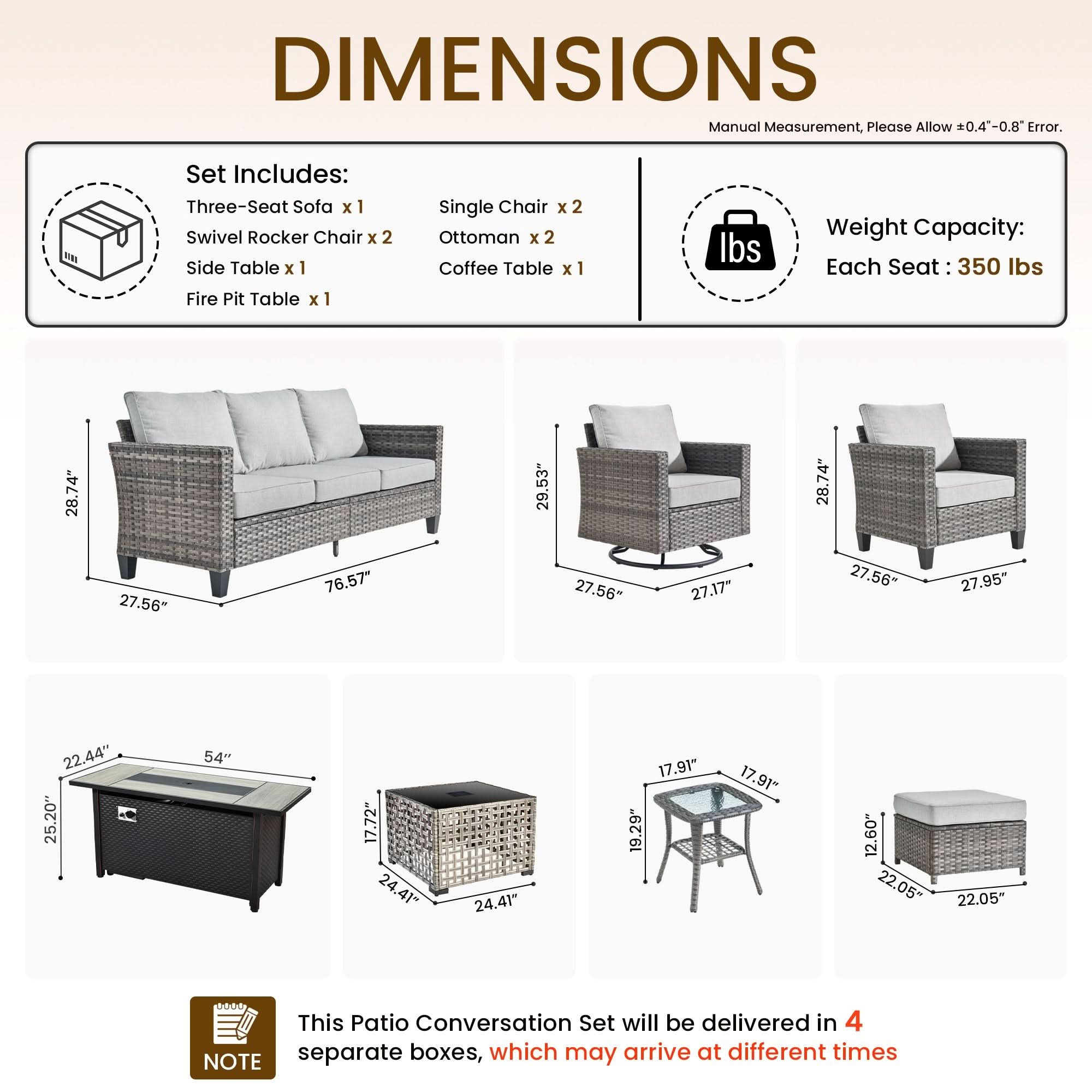 Light Grey | OVIOS 10-piece patio conversation set dimensions, components, and weight capacity.