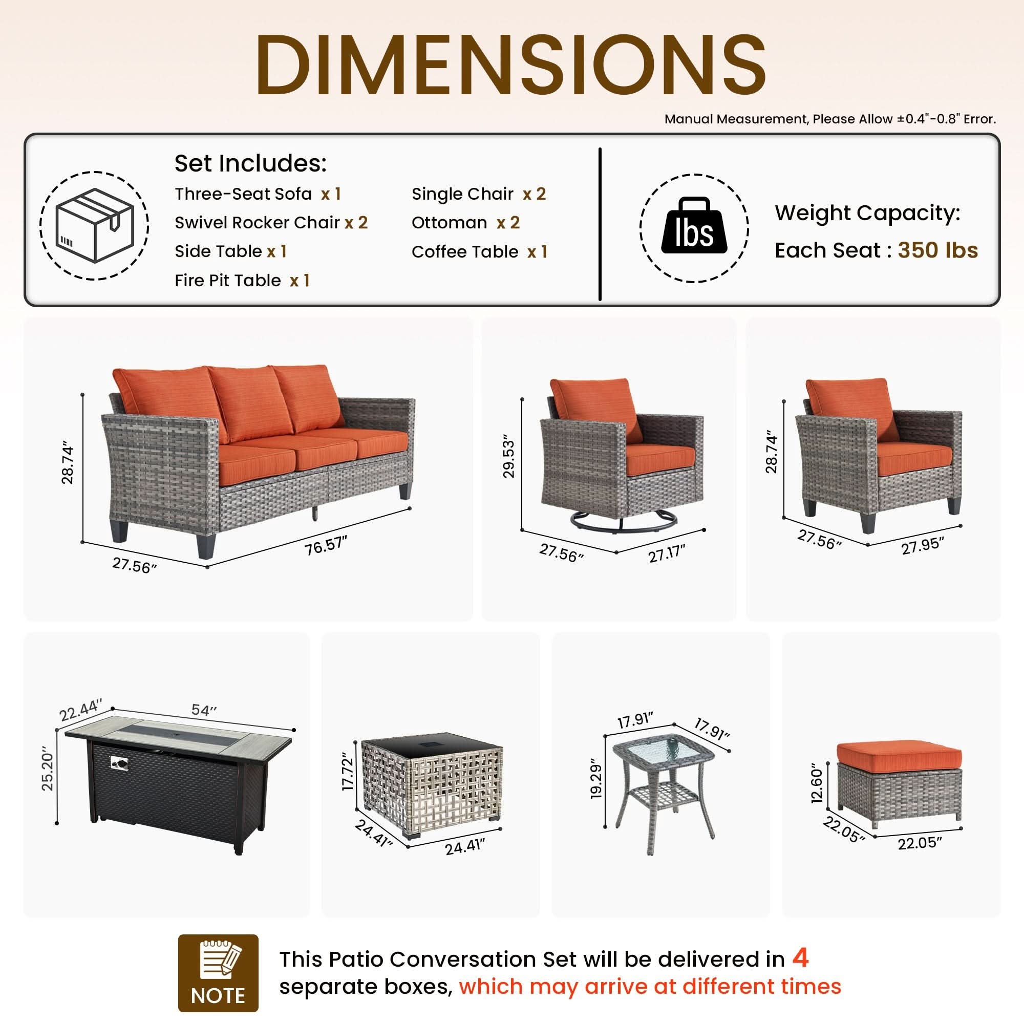 Orange | OVIOS 10-piece patio conversation set dimensions: sofa, swivel chairs, fire pit table & components.