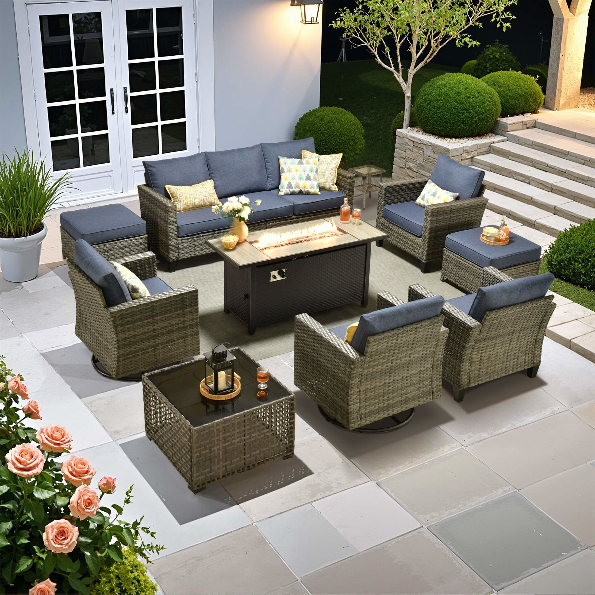 10-Piece Patio Set – Fire Pit, Swivel Chairs & Solar Coffee Table