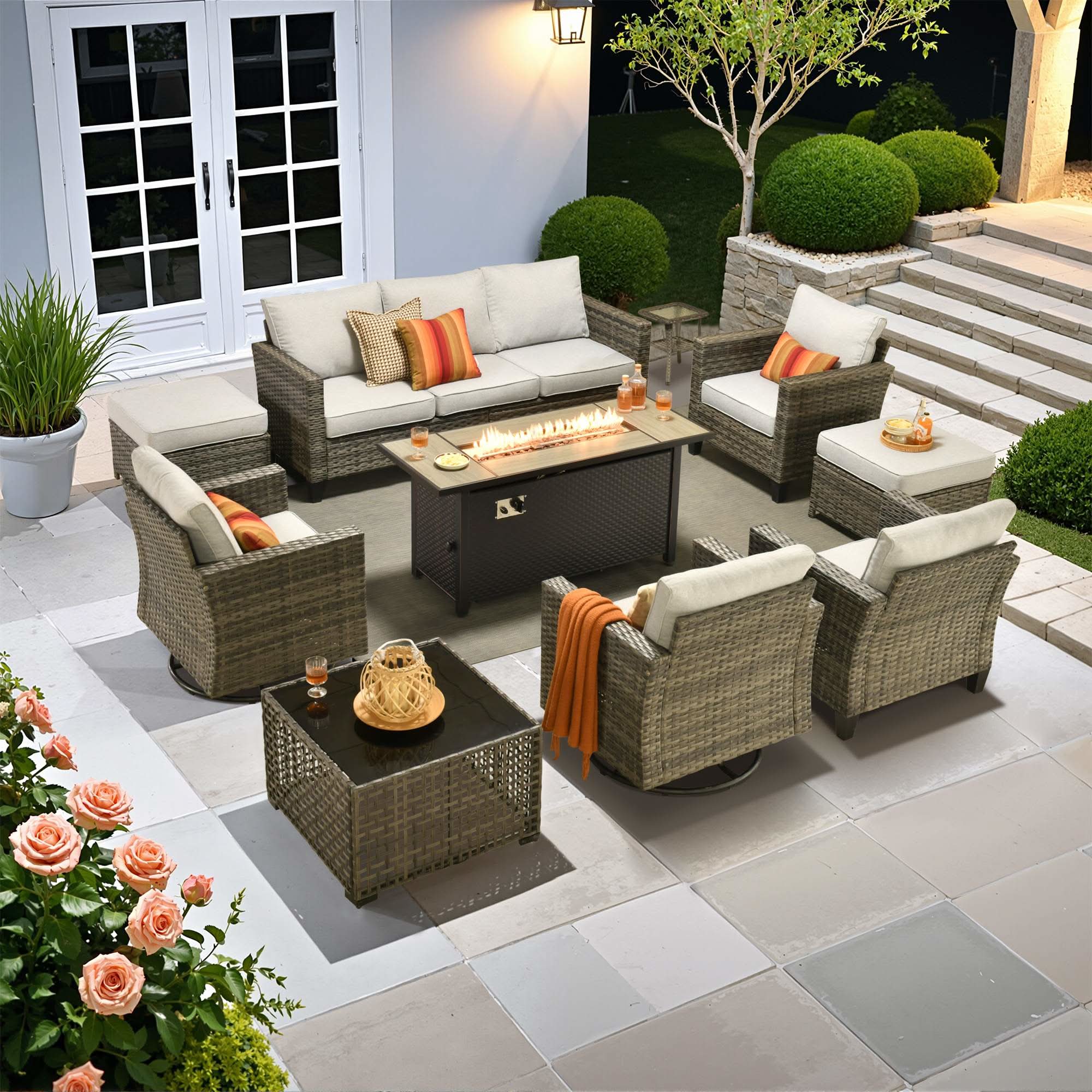 Light Grey | OVIOS 7-piece wicker patio set with metal fire pit table, sofa, swivel chairs
