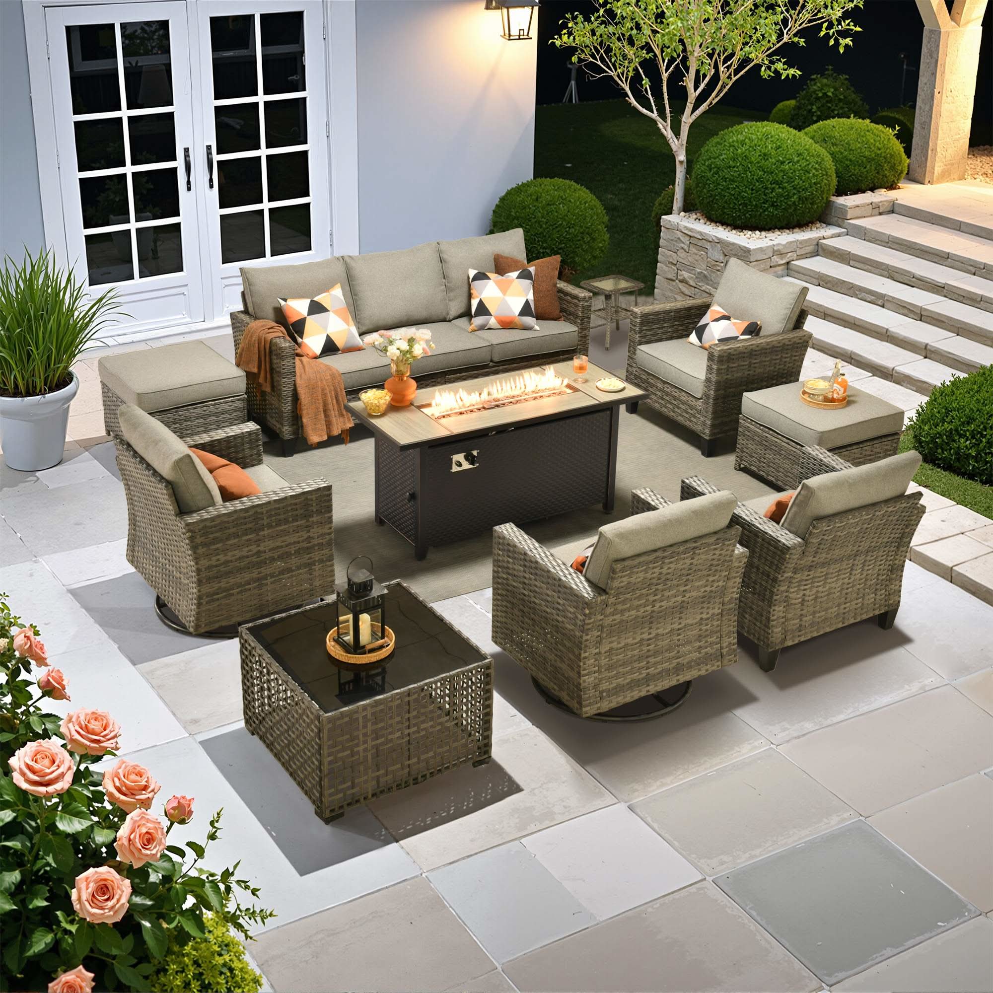 Dark Grey | OVIOS 10-piece rattan patio conversation set with fire pit and swivel chairs