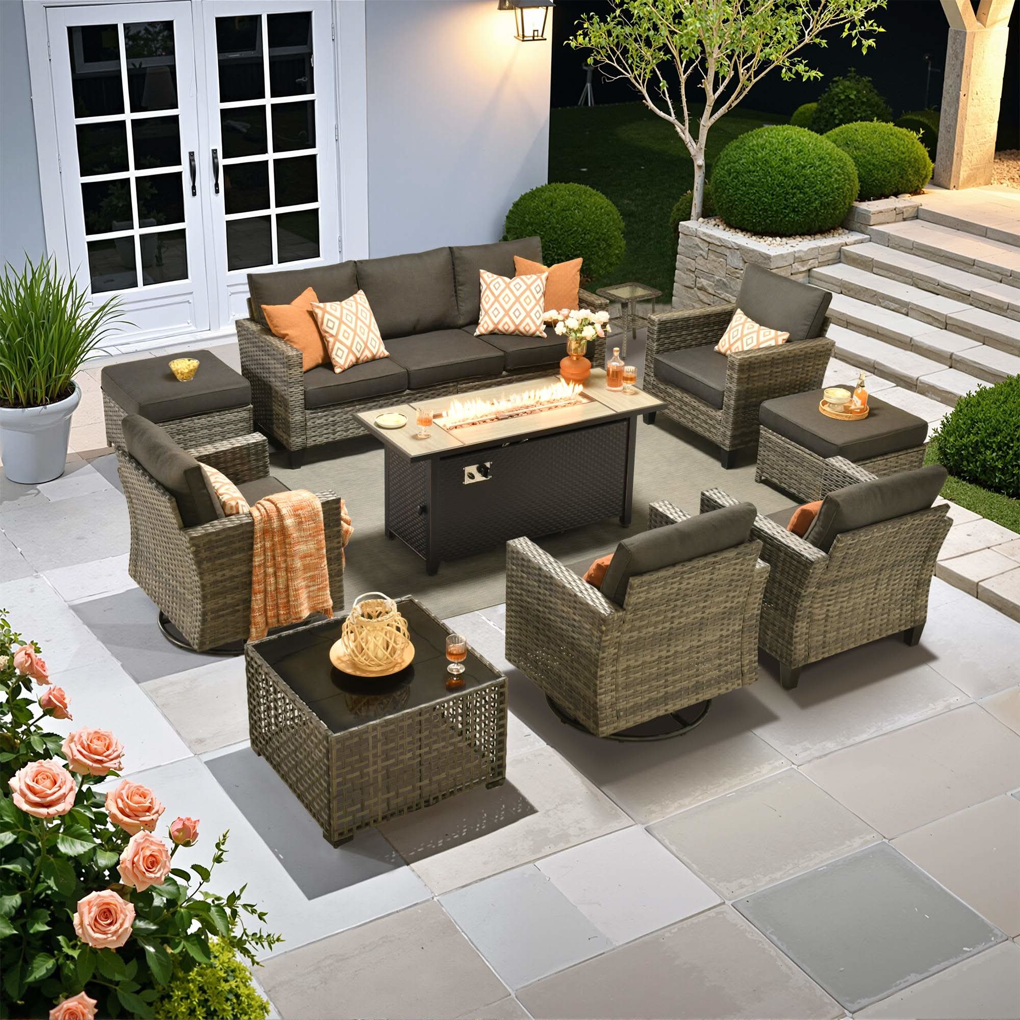 Black | OVIOS 10-piece rattan patio conversation set with fire pit and swivel chairs