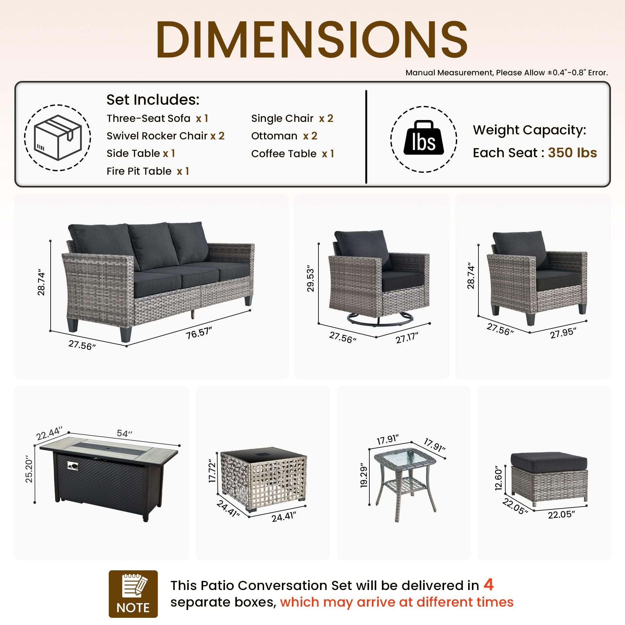 Black | OVIOS 10-piece rattan patio set: dimensions of sofa, swivel chairs, and fire pit table.