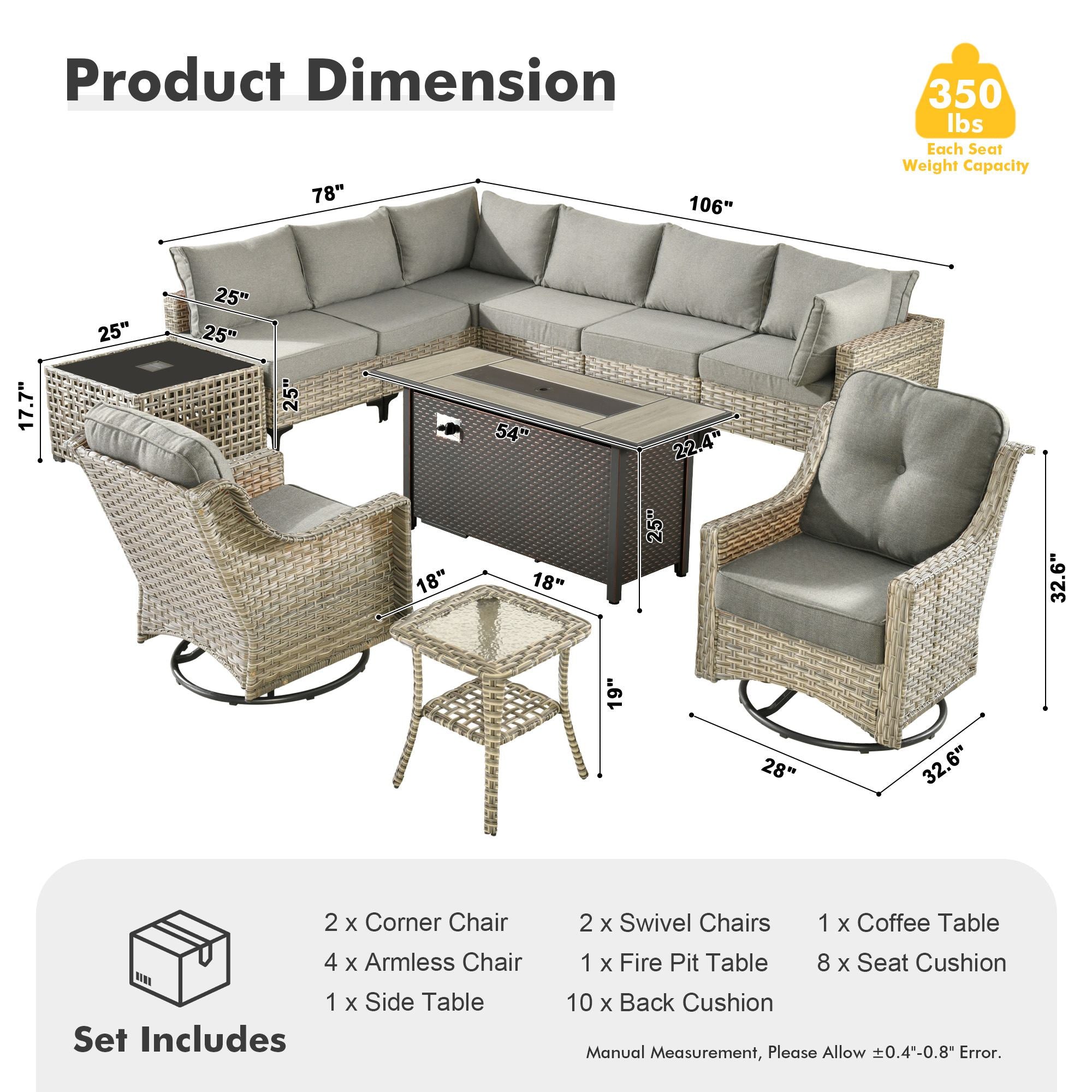 OVIOS Wicker Patio Sectional Conversation Set with Fire Pit Table & Swivel Chairs