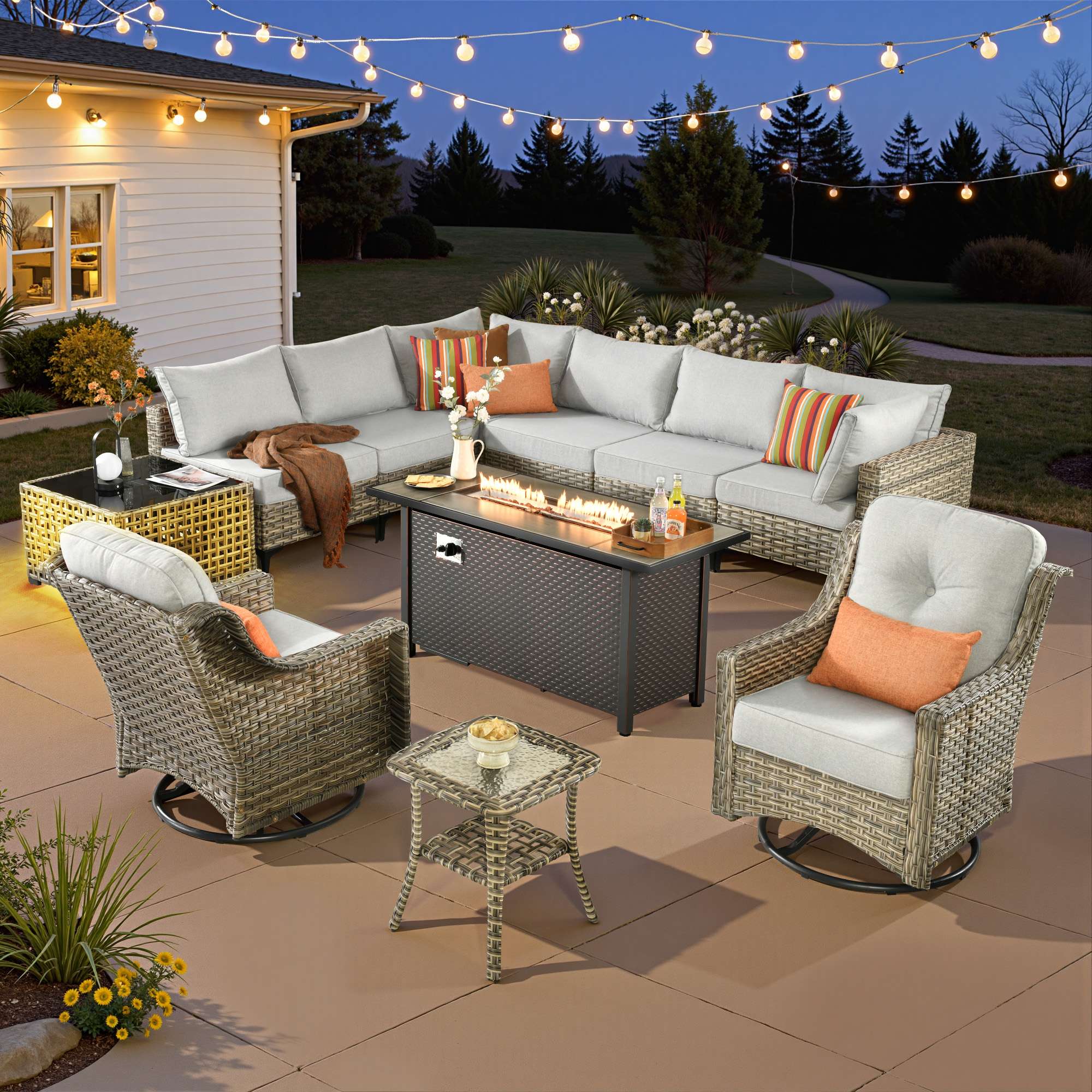 OVIOS Wicker Patio Sectional Conversation Set with Fire Pit Table & Swivel Chairs