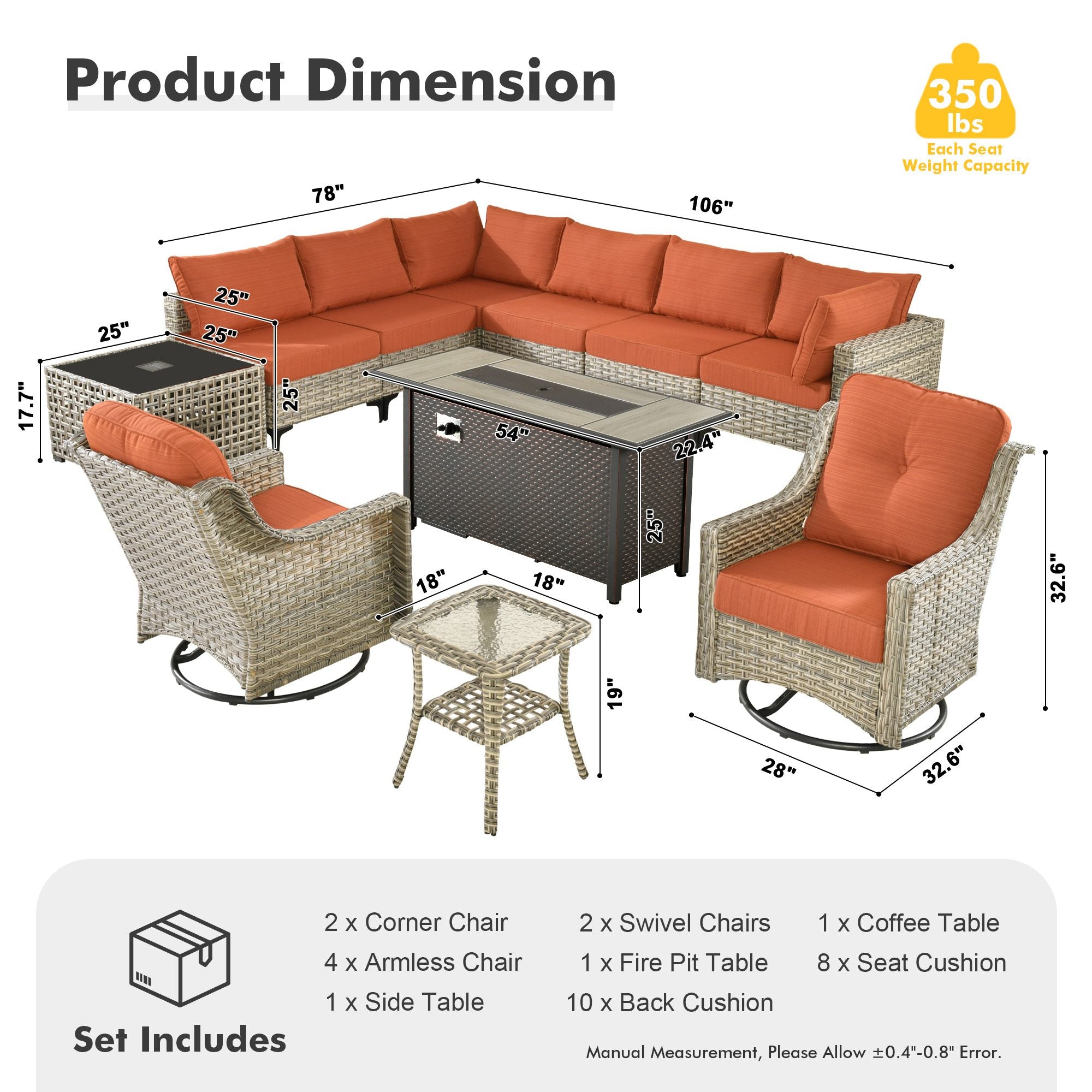 OVIOS Wicker Patio Sectional Conversation Set with Fire Pit Table & Swivel Chairs
