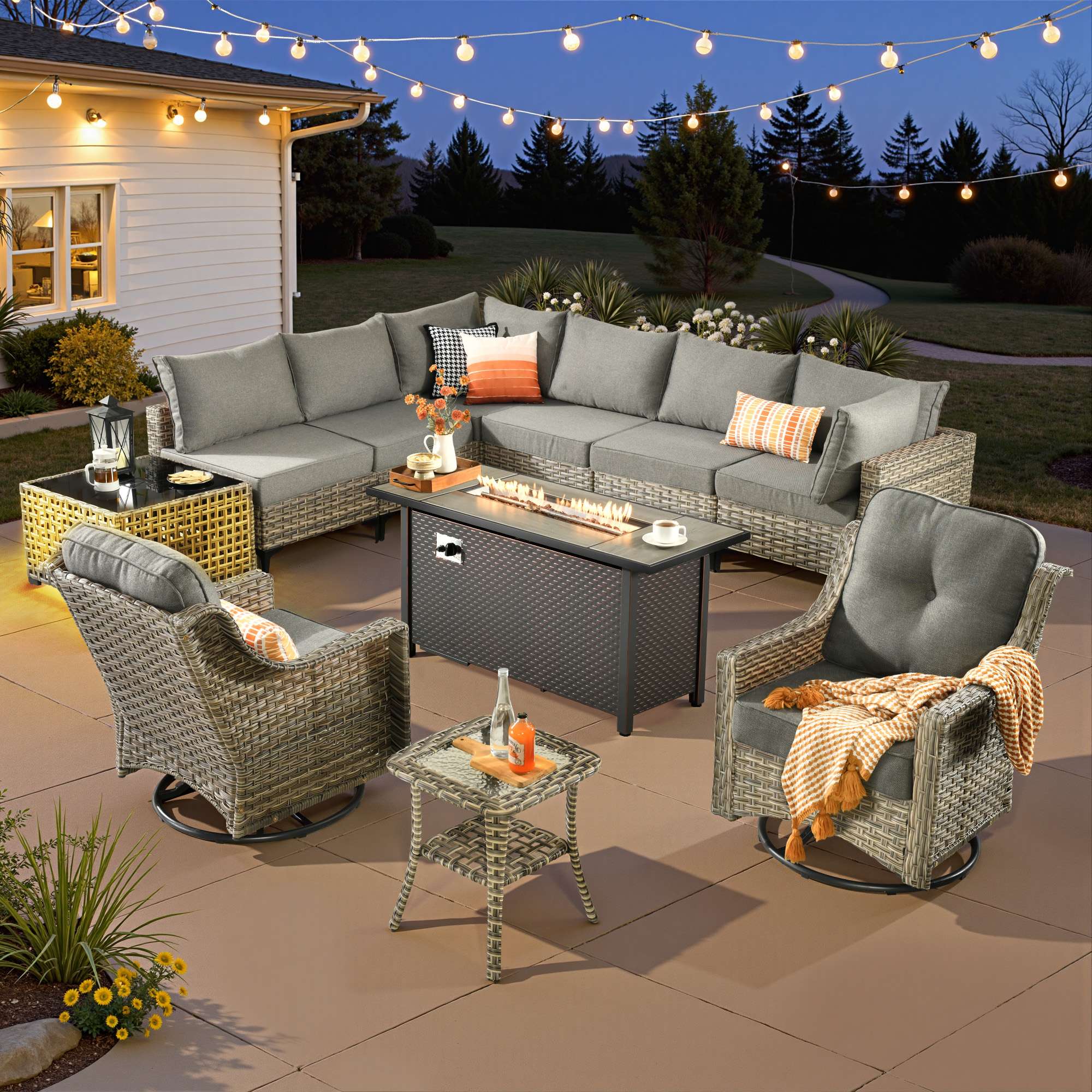 OVIOS Wicker Patio Sectional Conversation Set with Fire Pit Table & Swivel Chairs