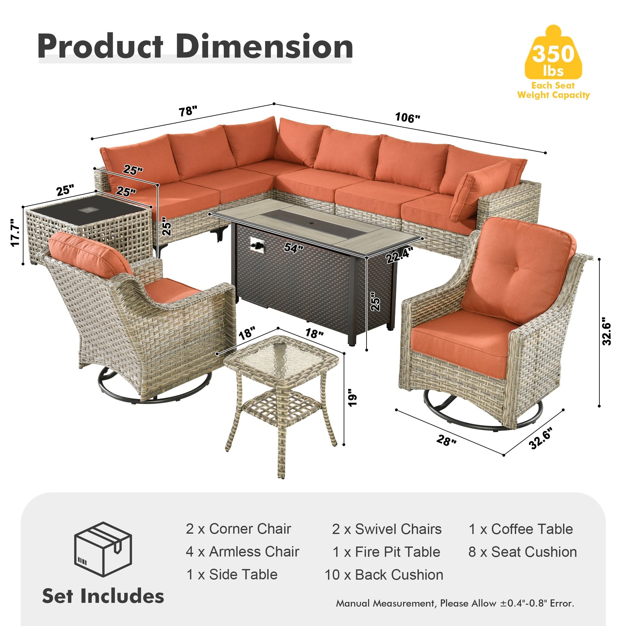 OVIOS Wicker Patio Sectional Conversation Set with Fire Pit Table & Swivel Chairs
