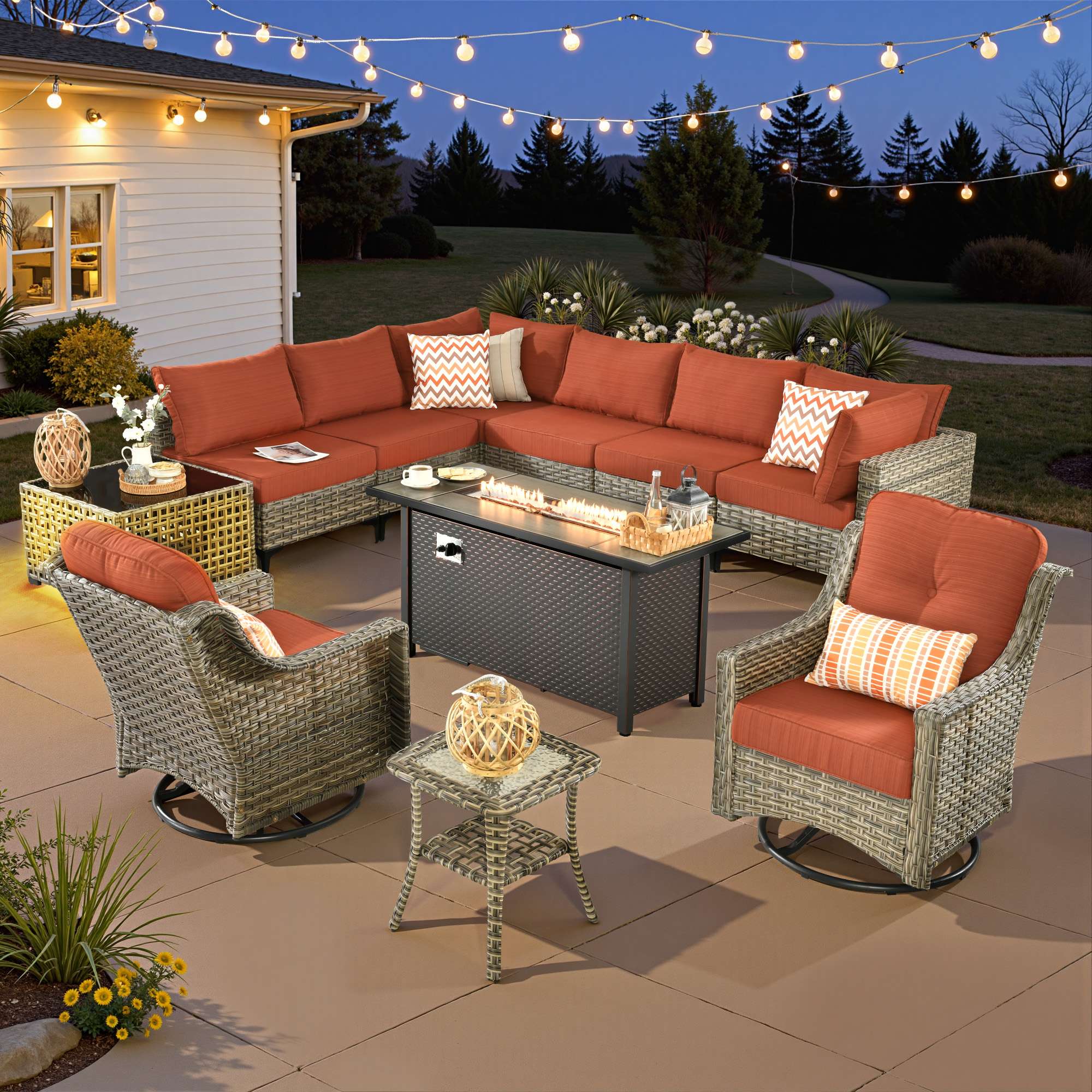 OVIOS Wicker Patio Sectional Conversation Set with Fire Pit Table & Swivel Chairs