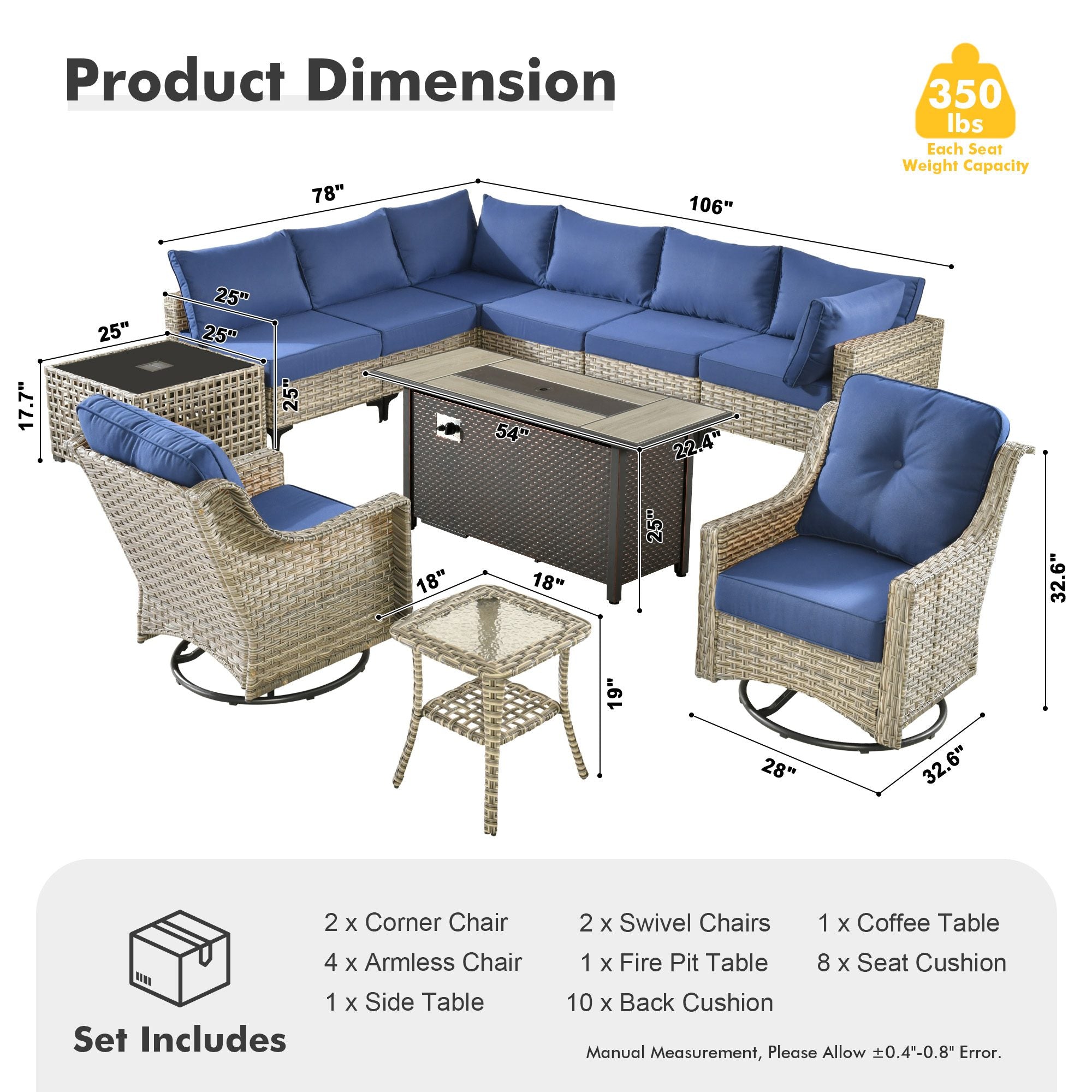 OVIOS Wicker Patio Sectional Conversation Set with Fire Pit Table & Swivel Chairs
