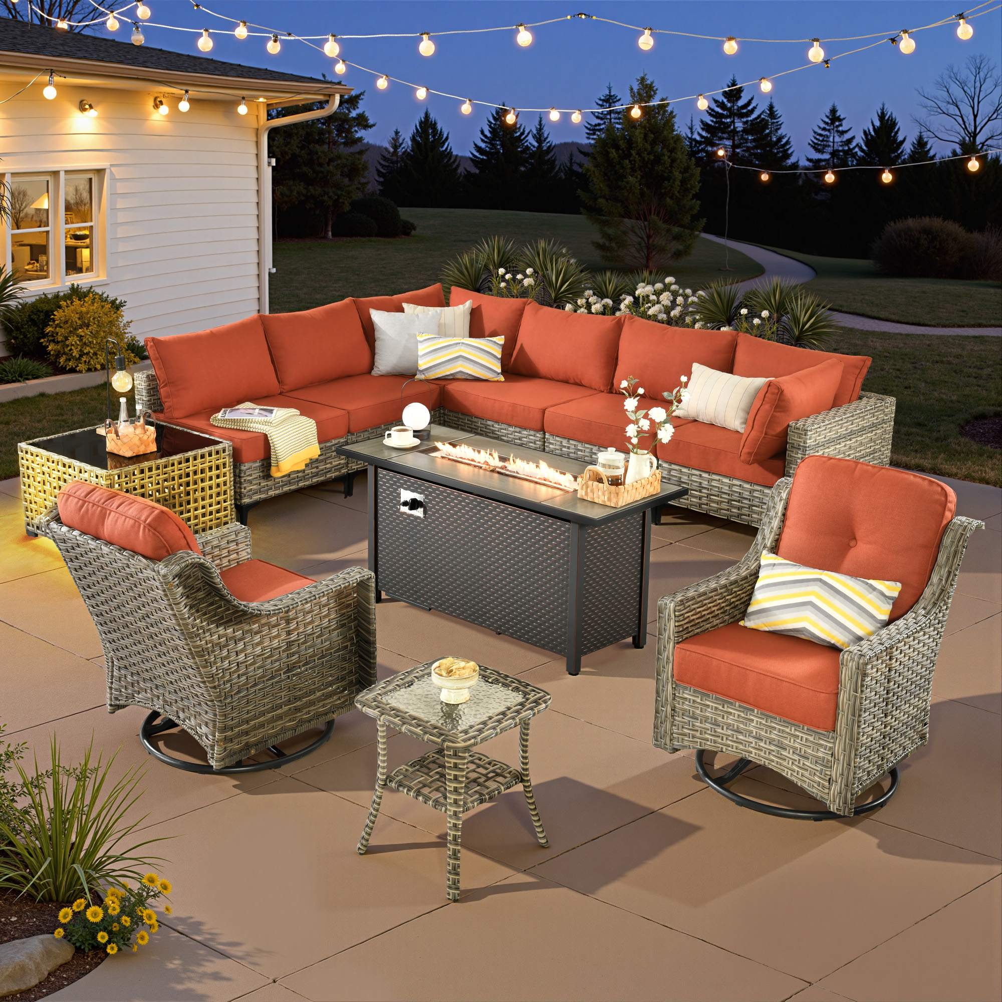 OVIOS Wicker Patio Sectional Conversation Set with Fire Pit Table & Swivel Chairs