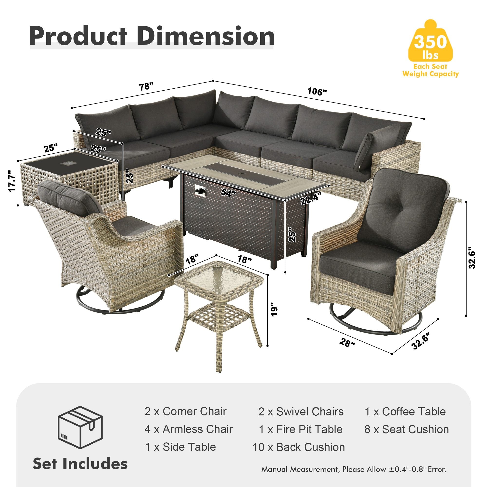 OVIOS Wicker Patio Sectional Conversation Set with Fire Pit Table & Swivel Chairs