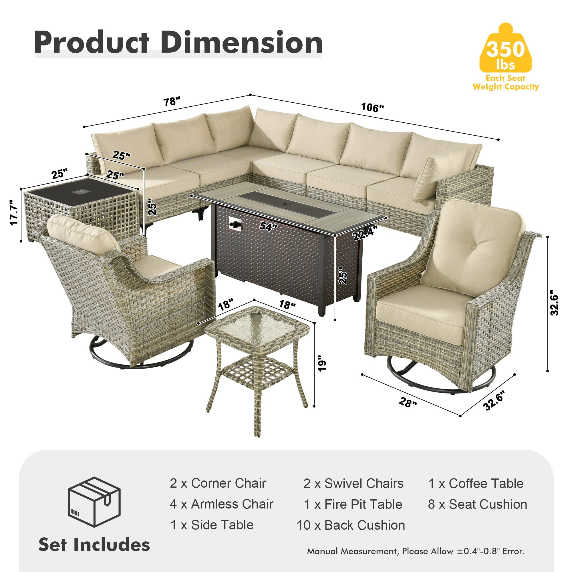 OVIOS Wicker Patio Sectional Conversation Set with Fire Pit Table & Swivel Chairs