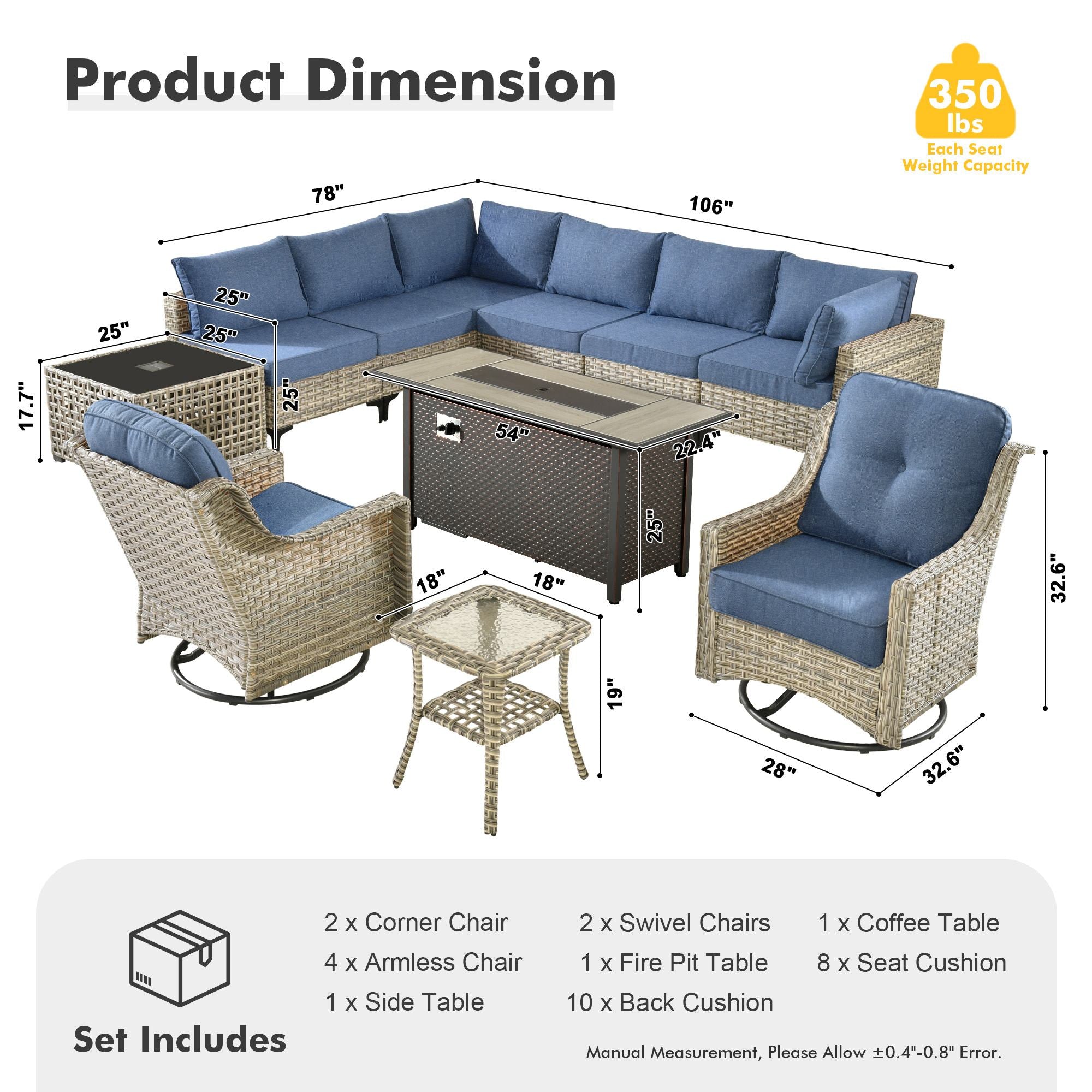OVIOS Wicker Patio Sectional Conversation Set with Fire Pit Table & Swivel Chairs