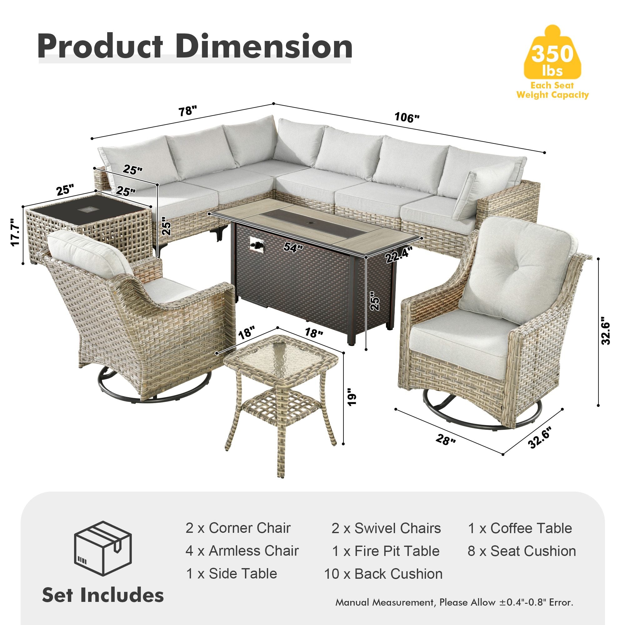 OVIOS Wicker Patio Sectional Conversation Set with Fire Pit Table & Swivel Chairs