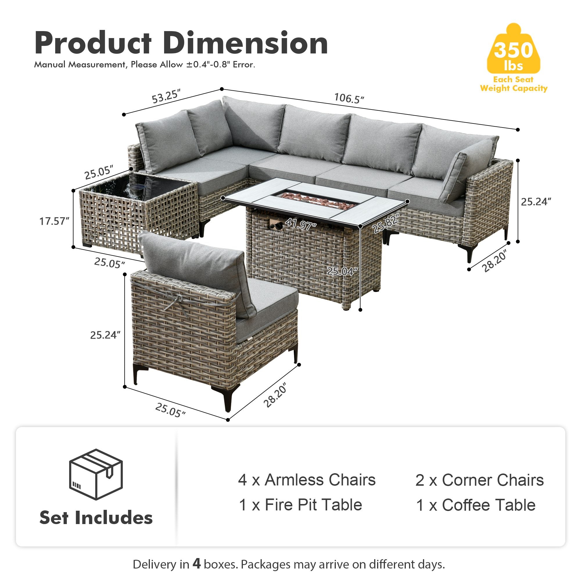 OVIOS Modular Wicker Patio Furniture Set with Fire Pit Table & Coffee Table