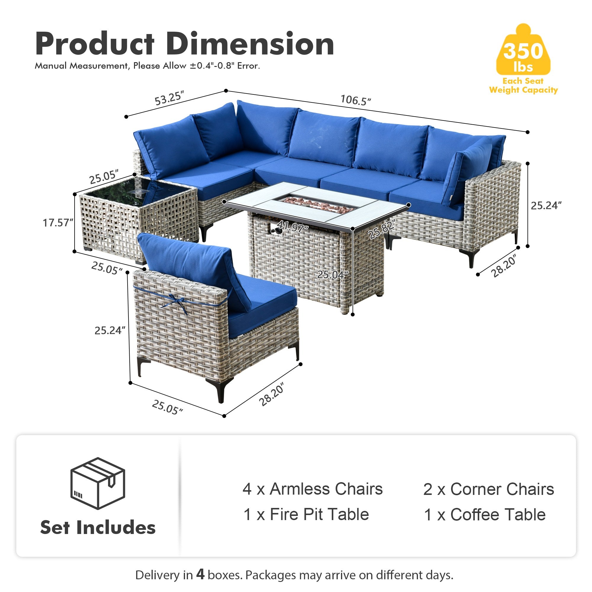 OVIOS Modular Wicker Patio Furniture Set with Fire Pit Table & Coffee Table